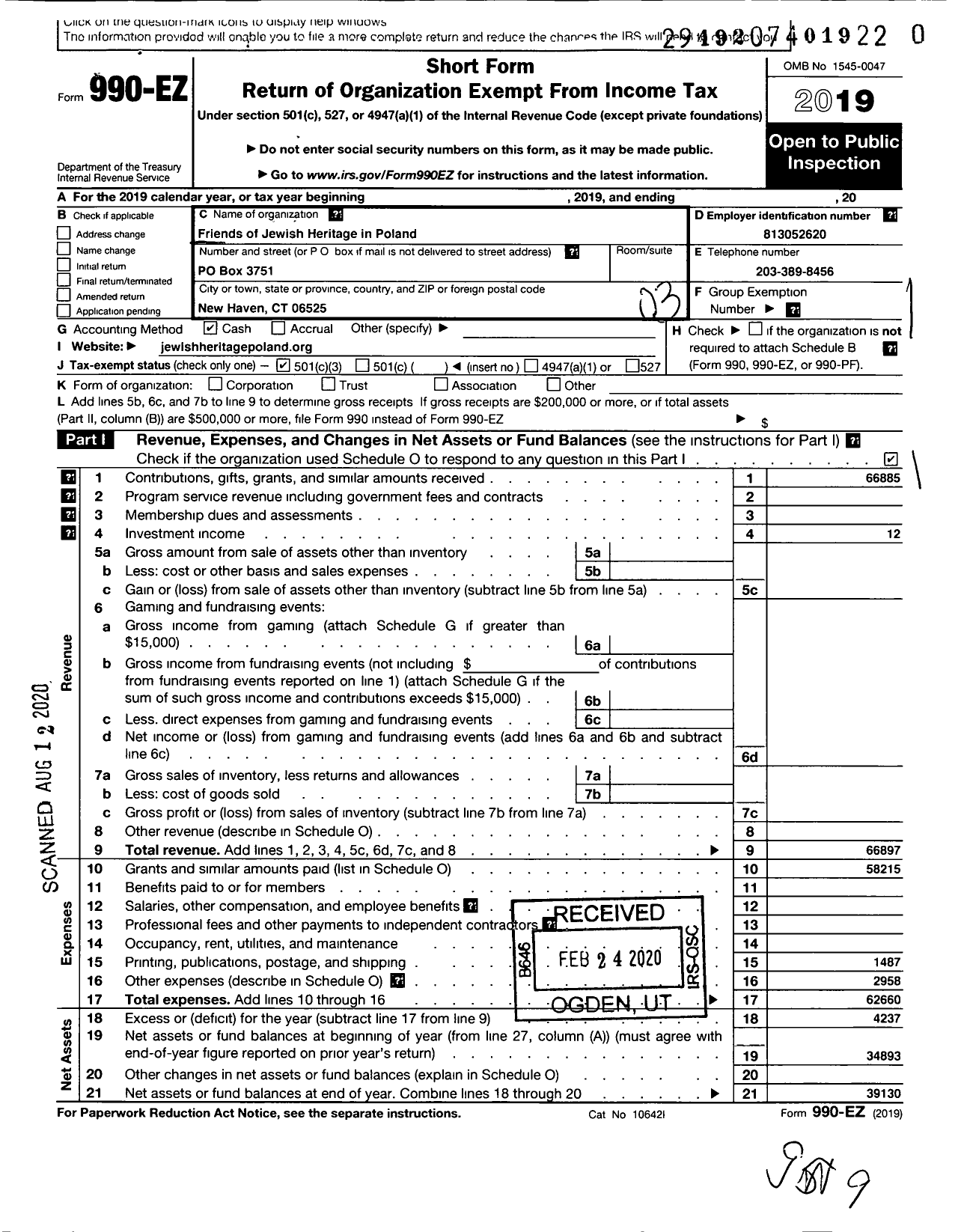 Image of first page of 2019 Form 990EZ for Friends of Jewish Heritage in Poland