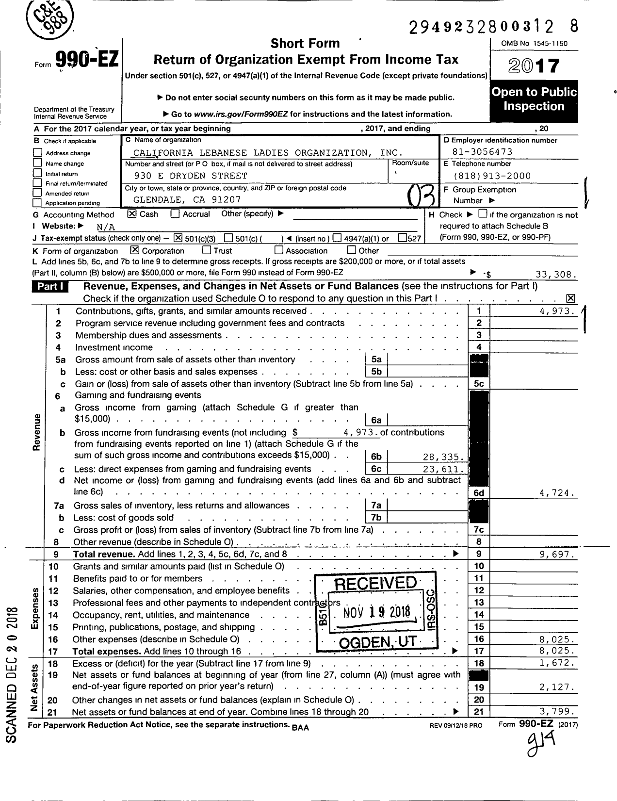 Image of first page of 2017 Form 990EZ for California Lebanese Ladies Organization