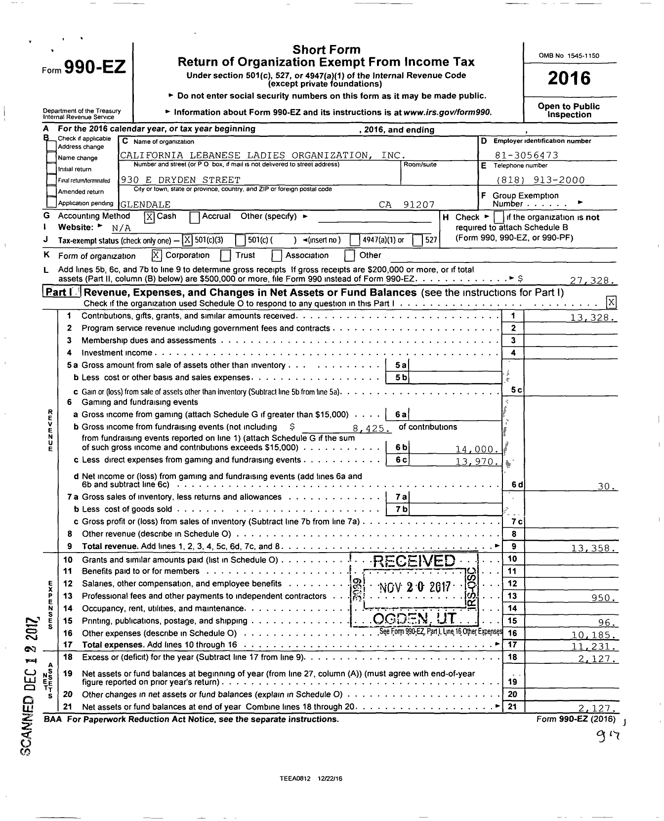 Image of first page of 2016 Form 990EZ for California Lebanese Ladies Organization