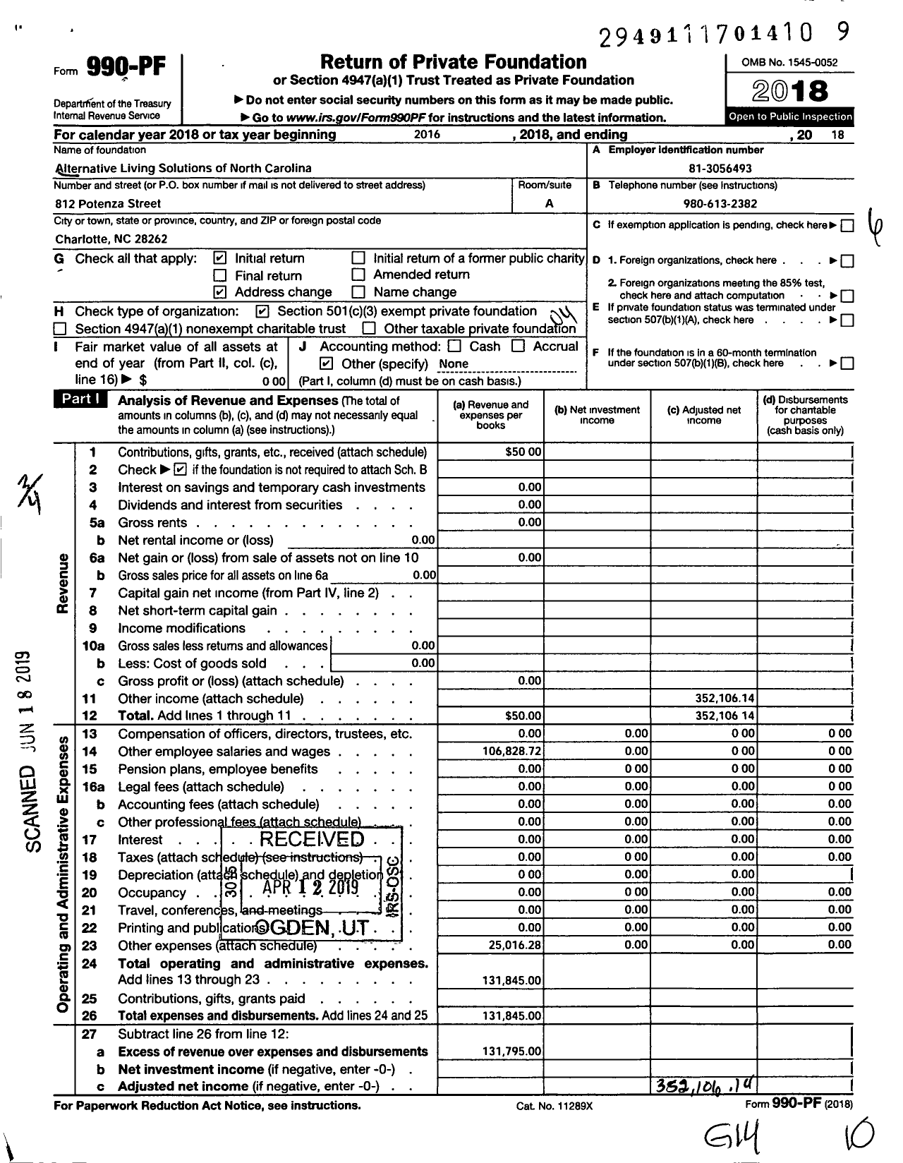 Image of first page of 2018 Form 990PF for Alternative Living Solutions of North Carolina