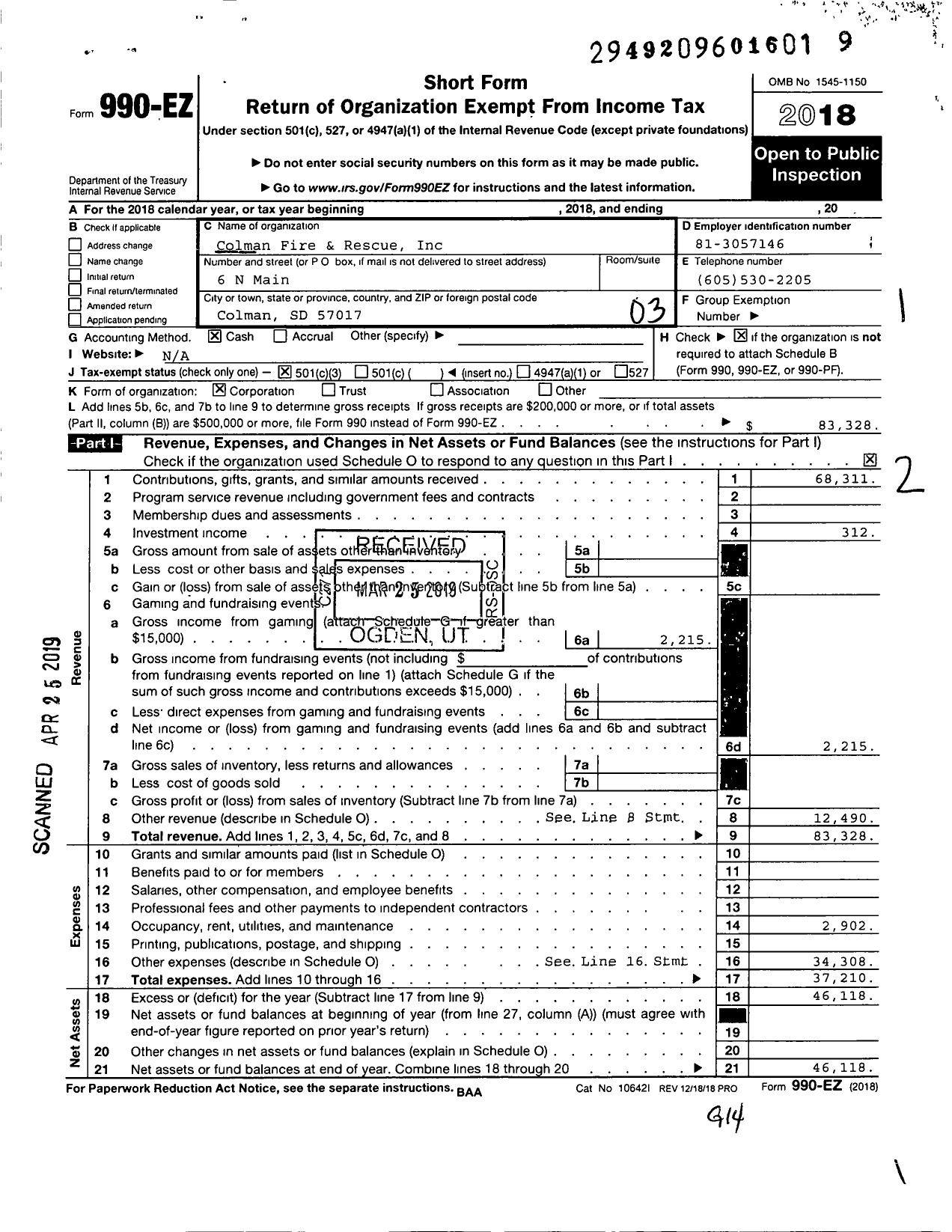 Image of first page of 2018 Form 990EZ for Colman Fire and Rescue