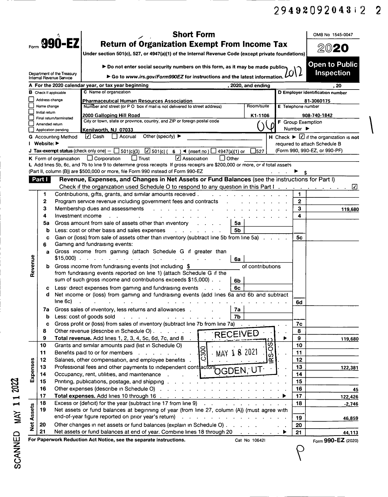 Image of first page of 2020 Form 990EO for Pharmaceutical Human Resources Association