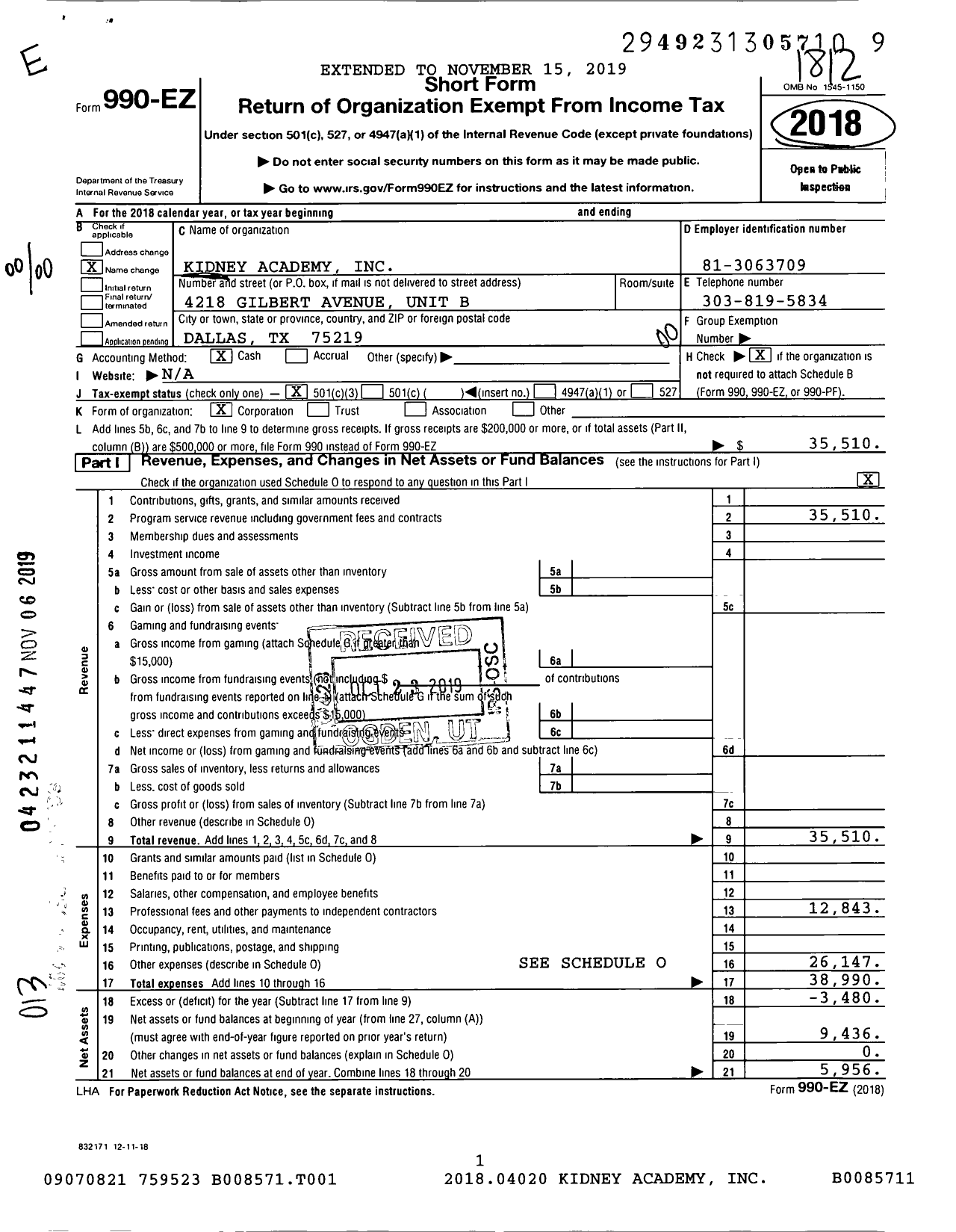 Image of first page of 2018 Form 990EO for Kidney Academy