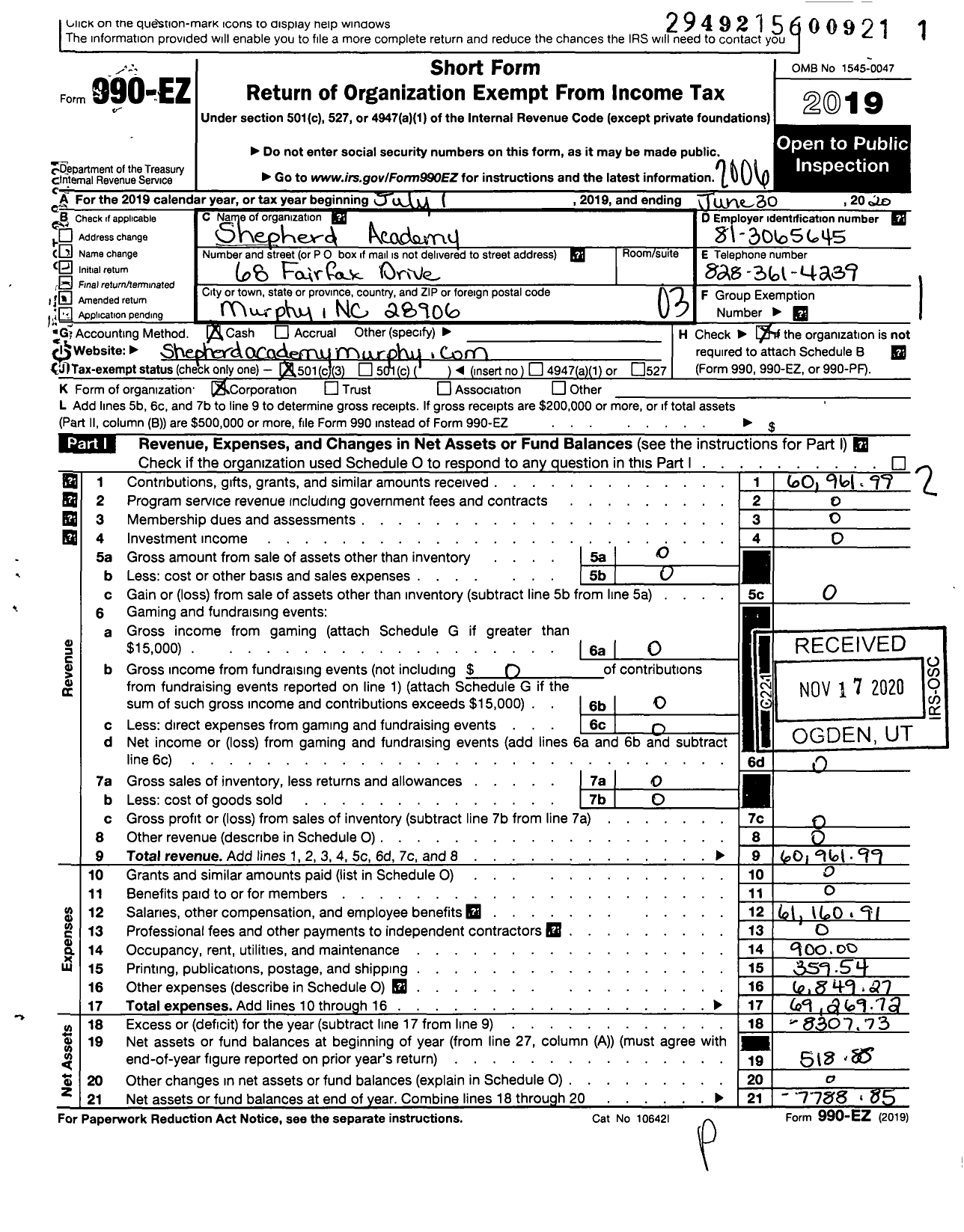 Image of first page of 2019 Form 990EZ for Shepherd Academy