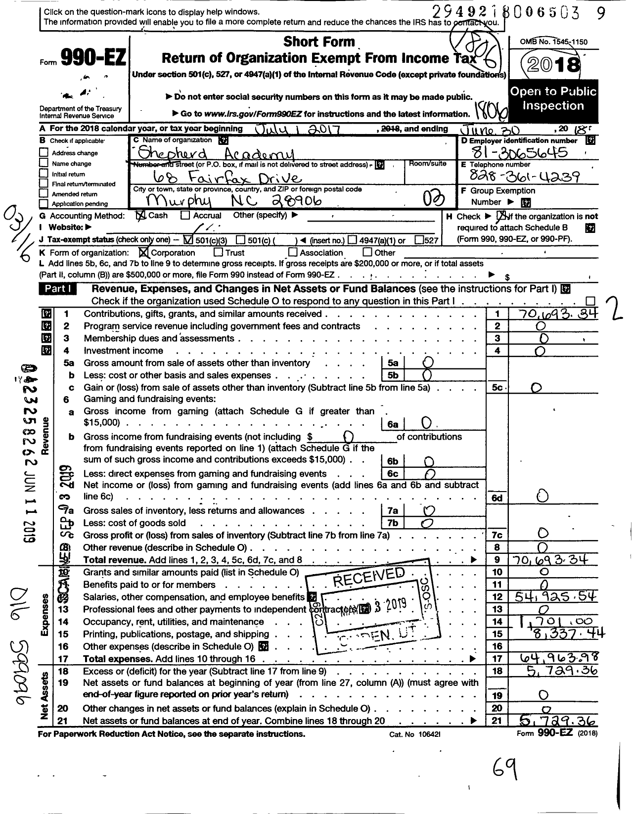 Image of first page of 2017 Form 990EZ for Shepherd Academy