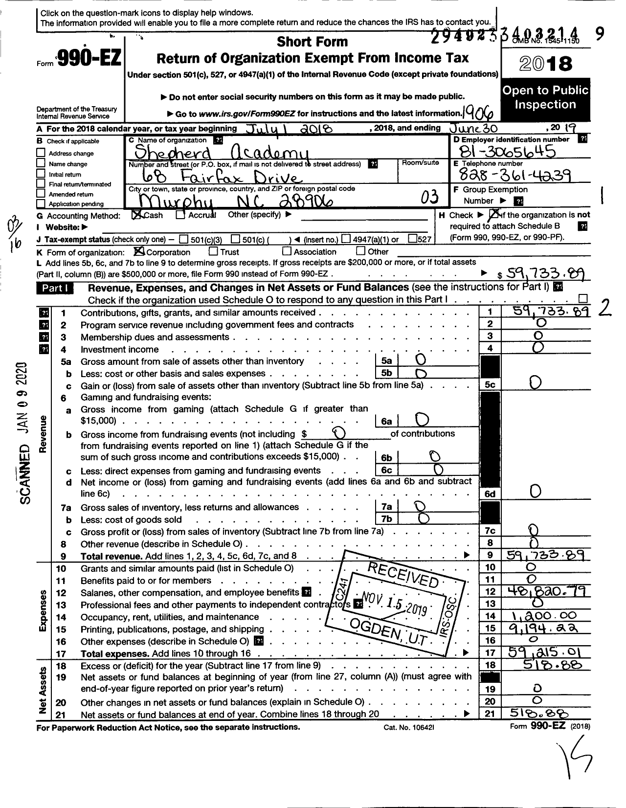 Image of first page of 2018 Form 990EZ for Shepherd Academy