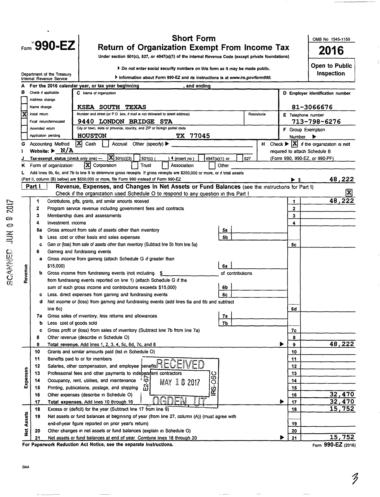 Image of first page of 2016 Form 990EZ for Ksea South Texas