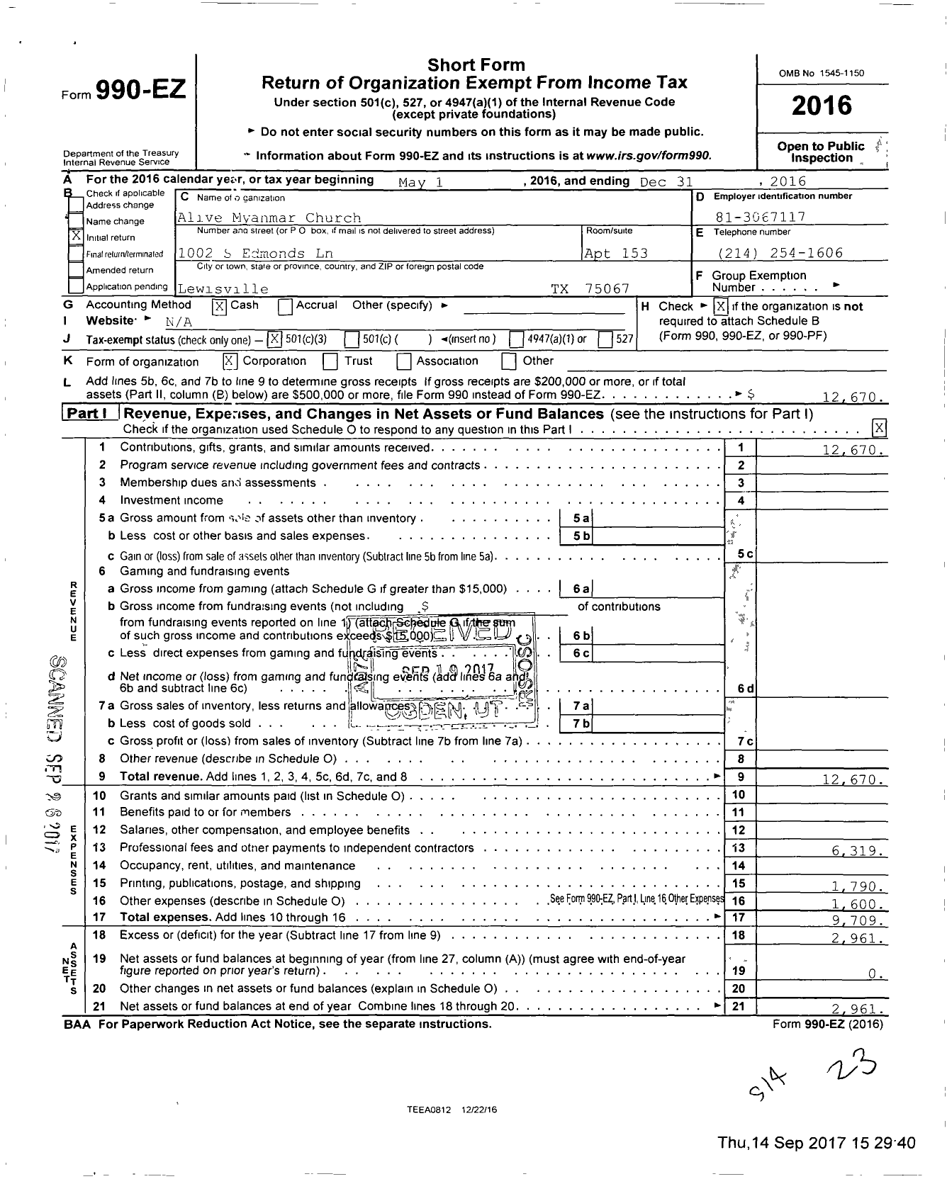 Image of first page of 2016 Form 990EZ for Alive Myanmar Church