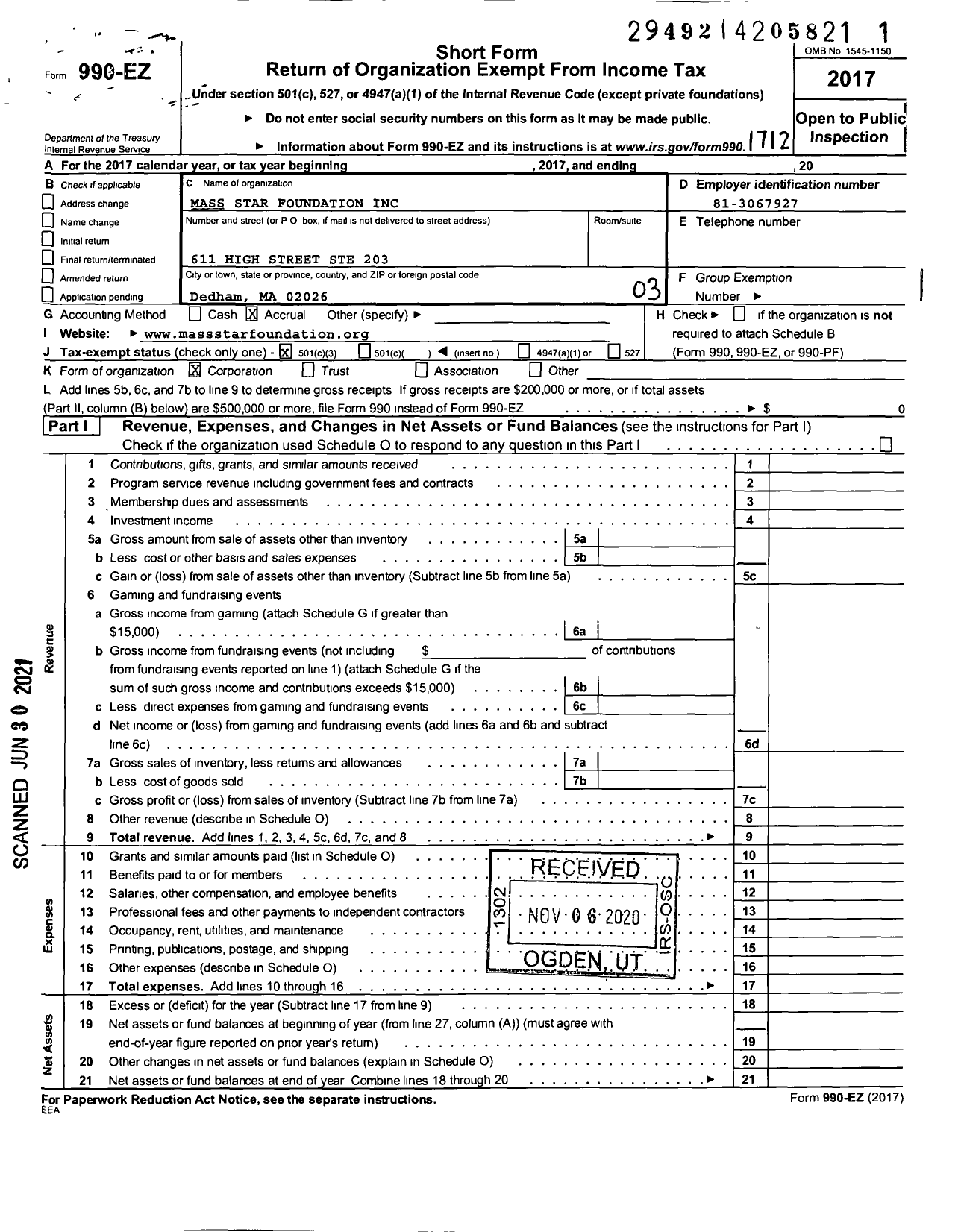 Image of first page of 2017 Form 990EZ for Mass Star Foundation