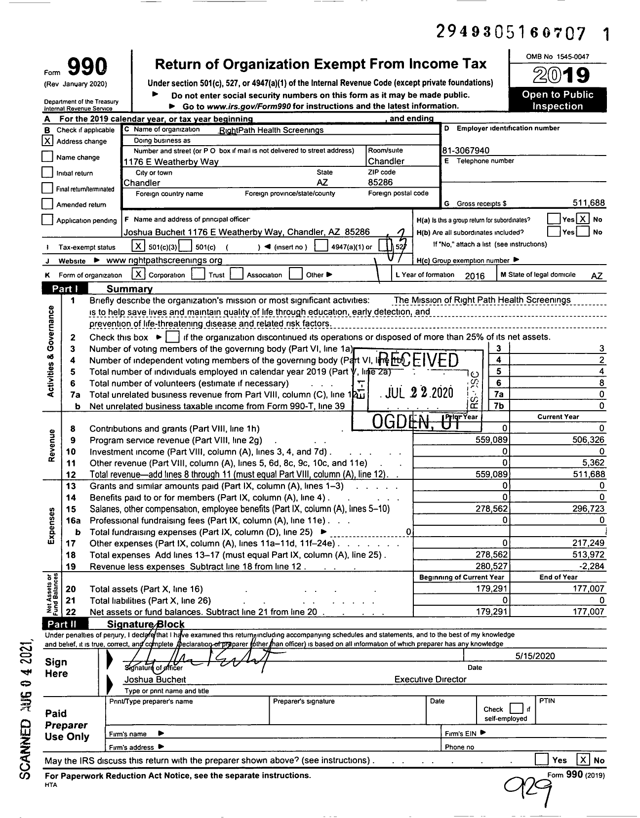 Image of first page of 2019 Form 990 for RightPath Health Screenings