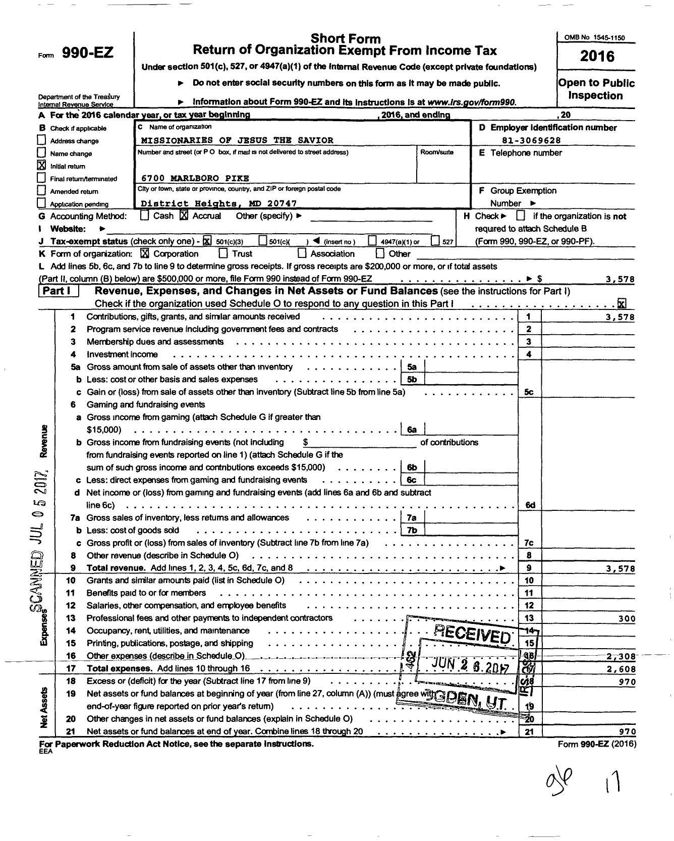 Image of first page of 2016 Form 990EZ for Missionaries of Jesus the Savior (MJS)