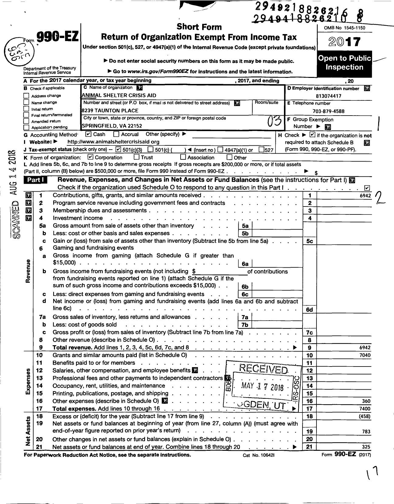 Image of first page of 2017 Form 990EZ for Animal Shelter Crisis Aid