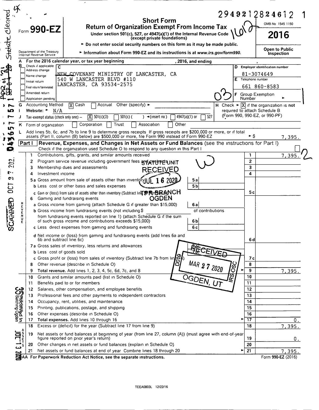 Image of first page of 2016 Form 990EZ for New Covenant Ministry of Lancaster Ca