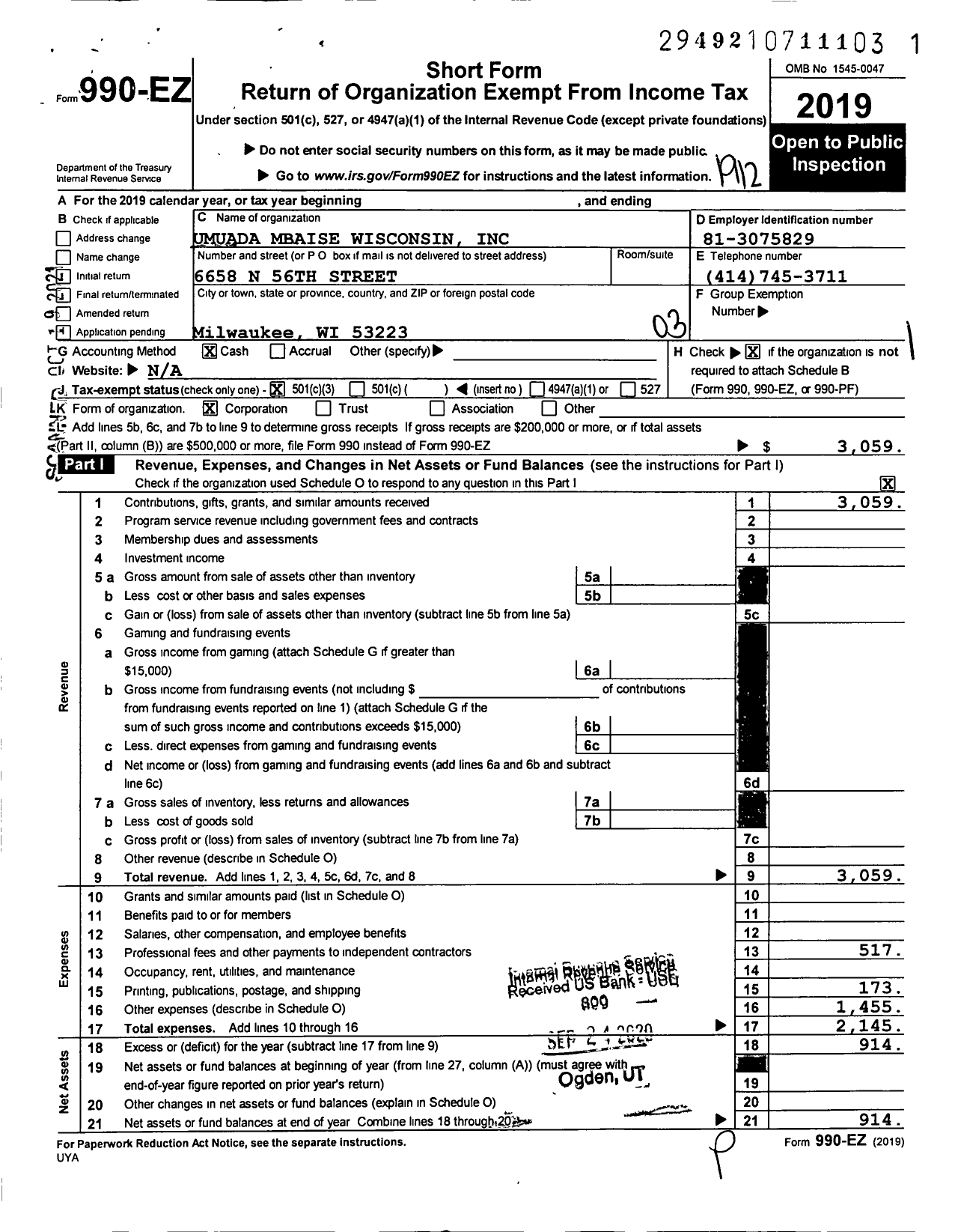 Image of first page of 2019 Form 990EZ for Umuada Mbaise Wisconsin