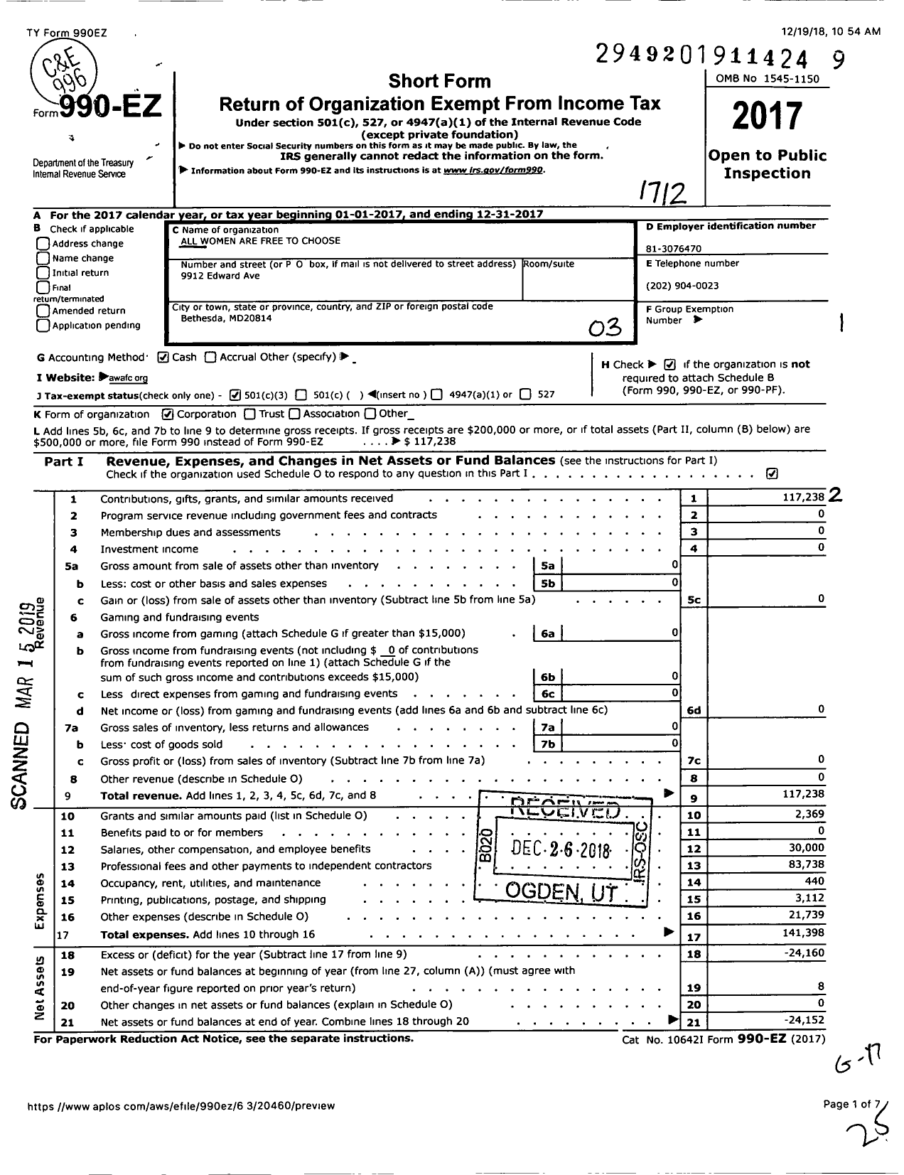 Image of first page of 2017 Form 990EZ for All Women Are Free To Choose