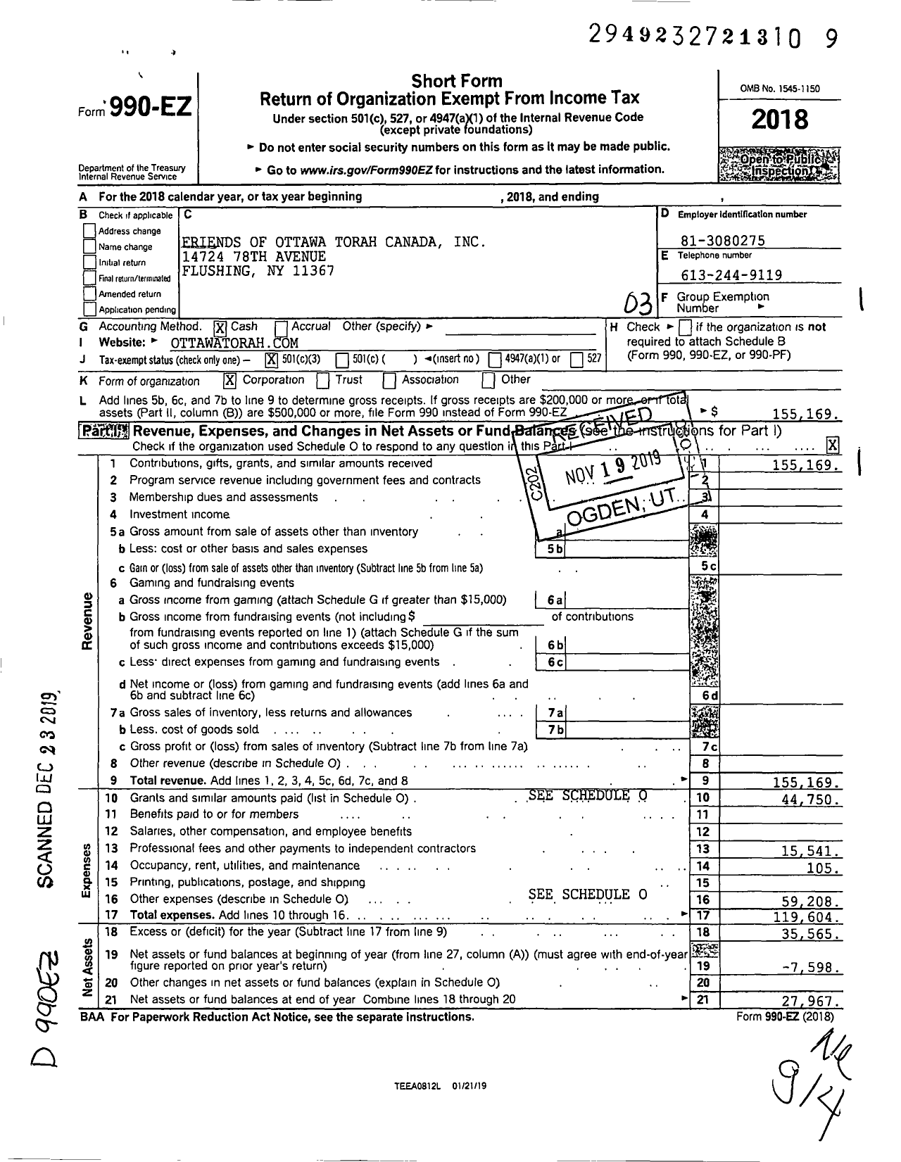 Image of first page of 2018 Form 990EZ for Friends of Ottawa Torah Canada