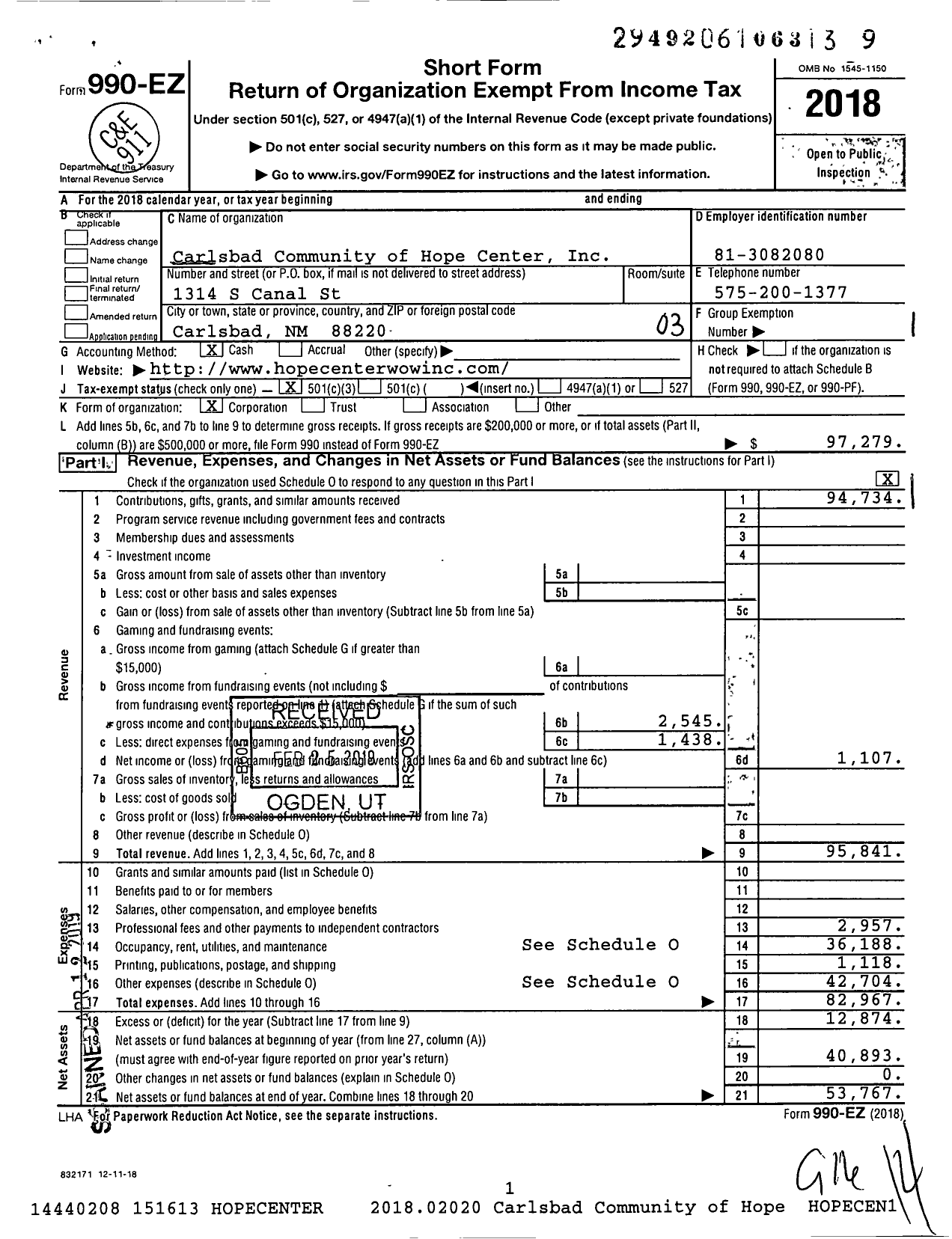 Image of first page of 2018 Form 990EZ for Carlsbad Community of Hope Center