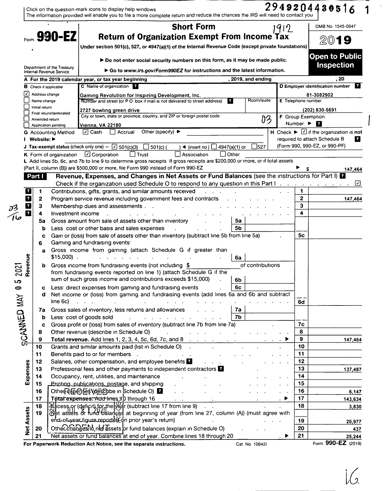 Image of first page of 2019 Form 990EZ for Gaming Revolution for Inspiring Development