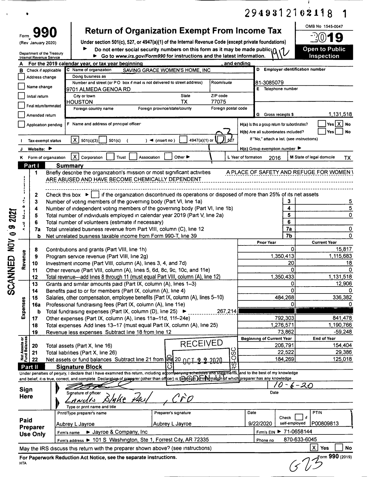 Image of first page of 2019 Form 990 for Saving Grace Women's Home