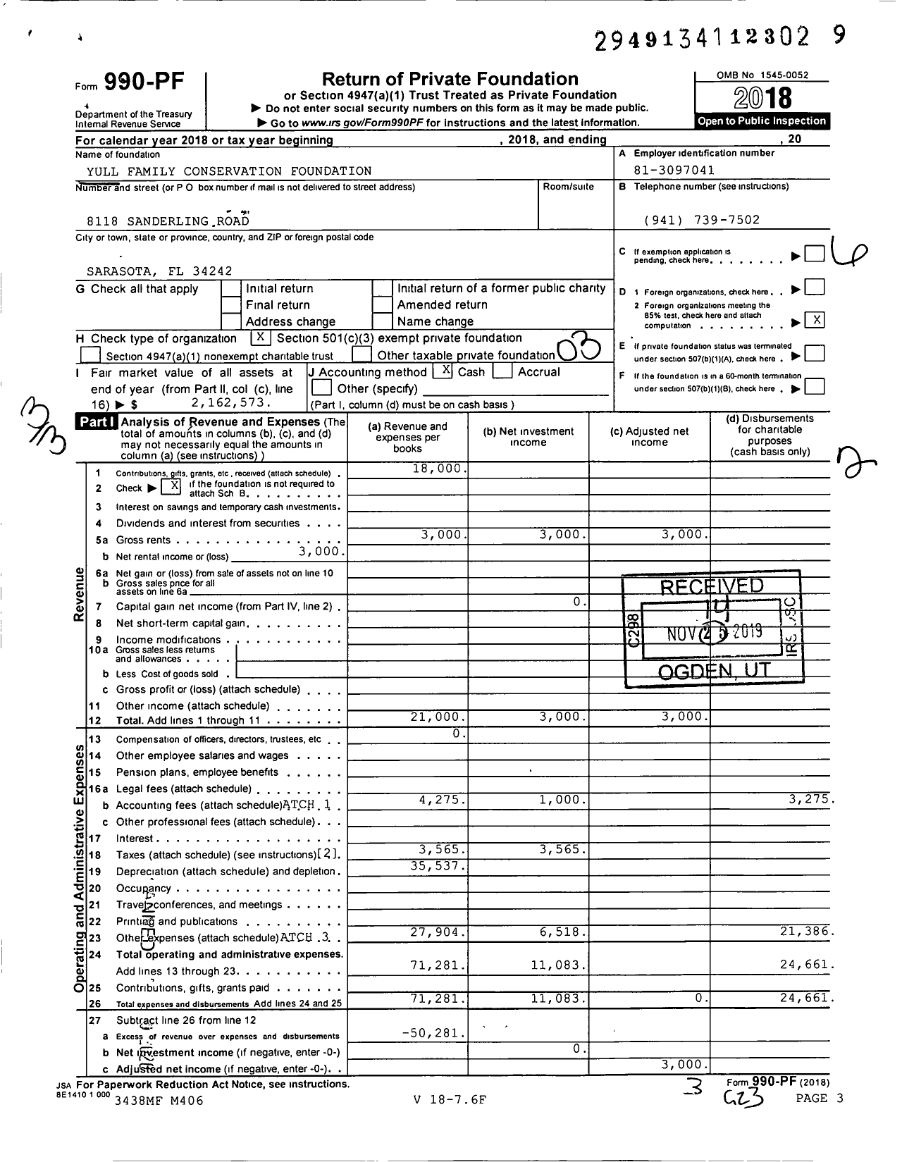 Image of first page of 2018 Form 990PF for Yull Family Conservation Foundation