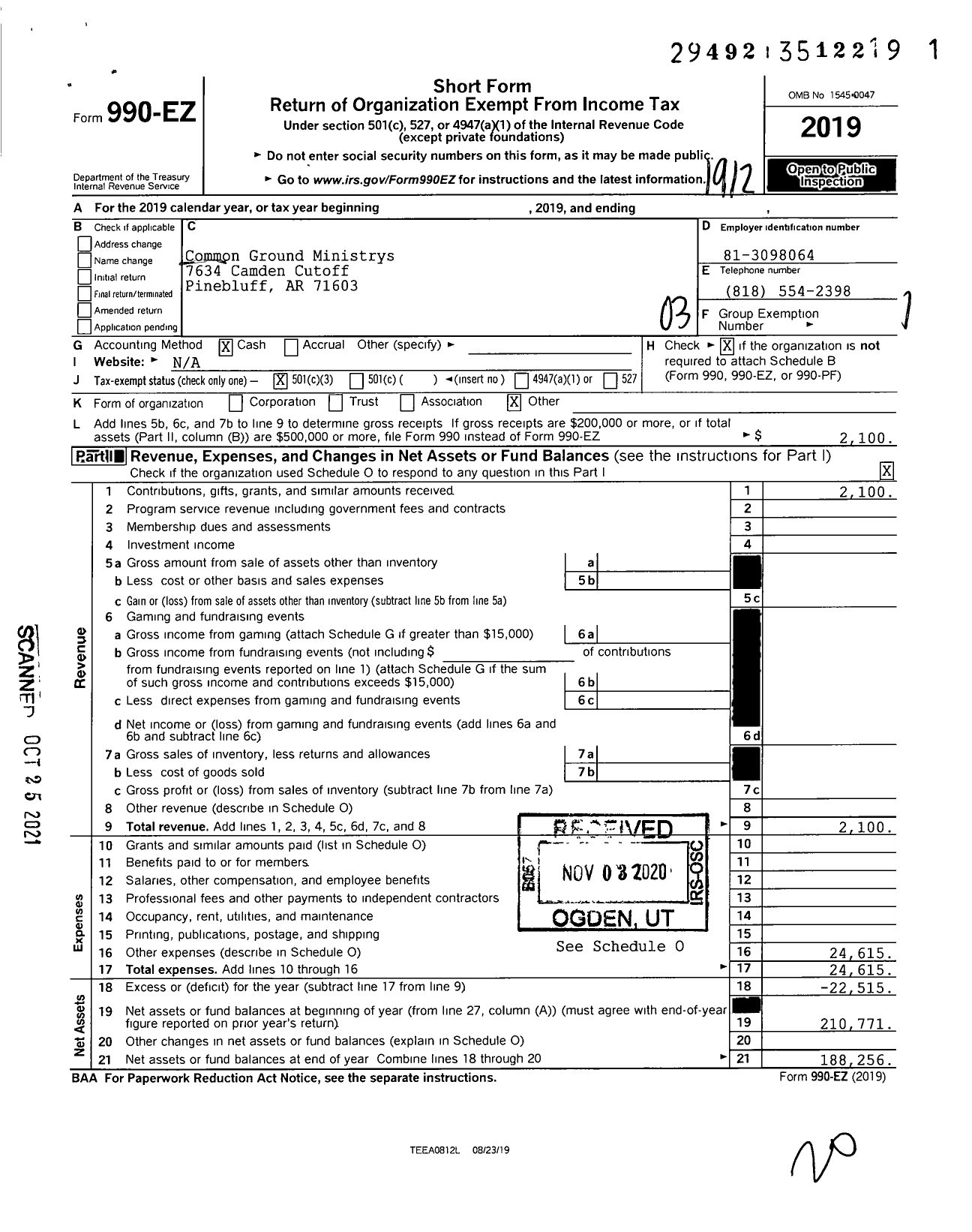 Image of first page of 2019 Form 990EZ for Common Ground Ministrys