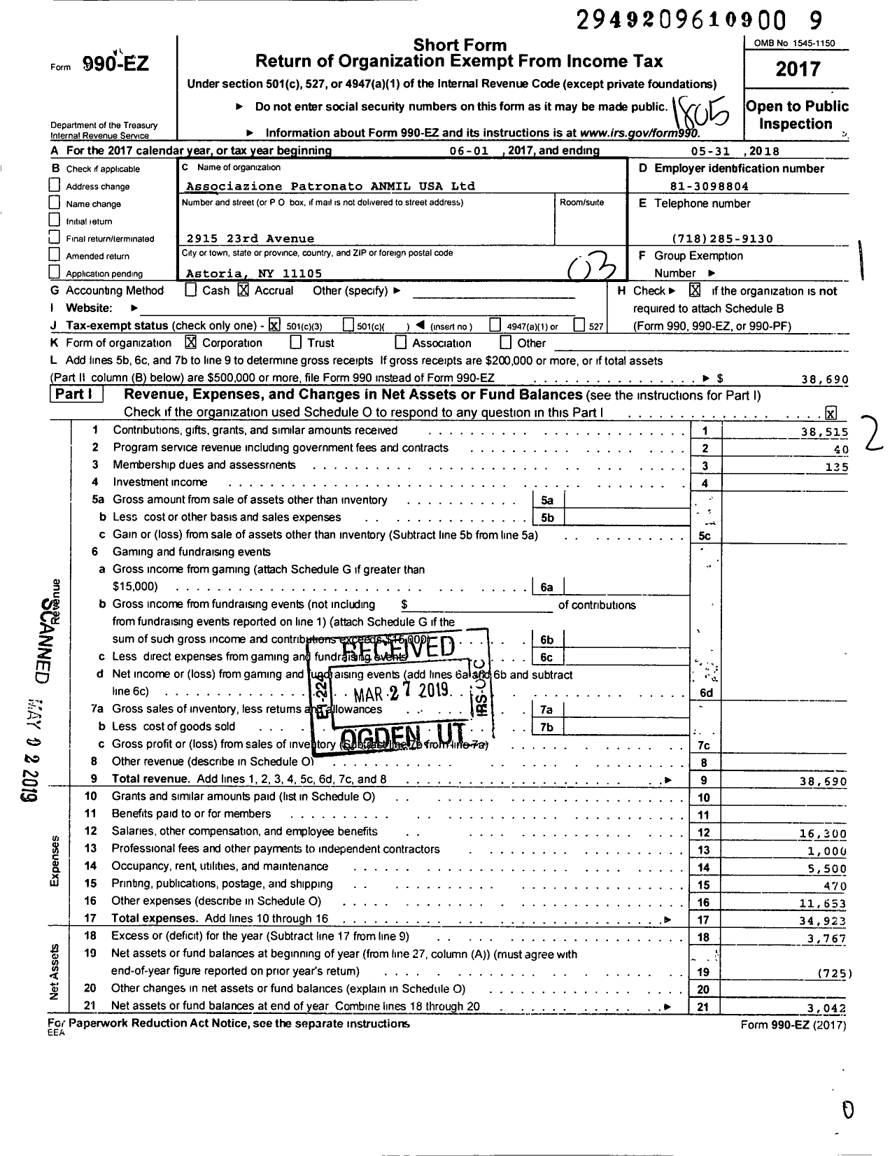 Image of first page of 2017 Form 990EZ for Associazione Sinalp USA