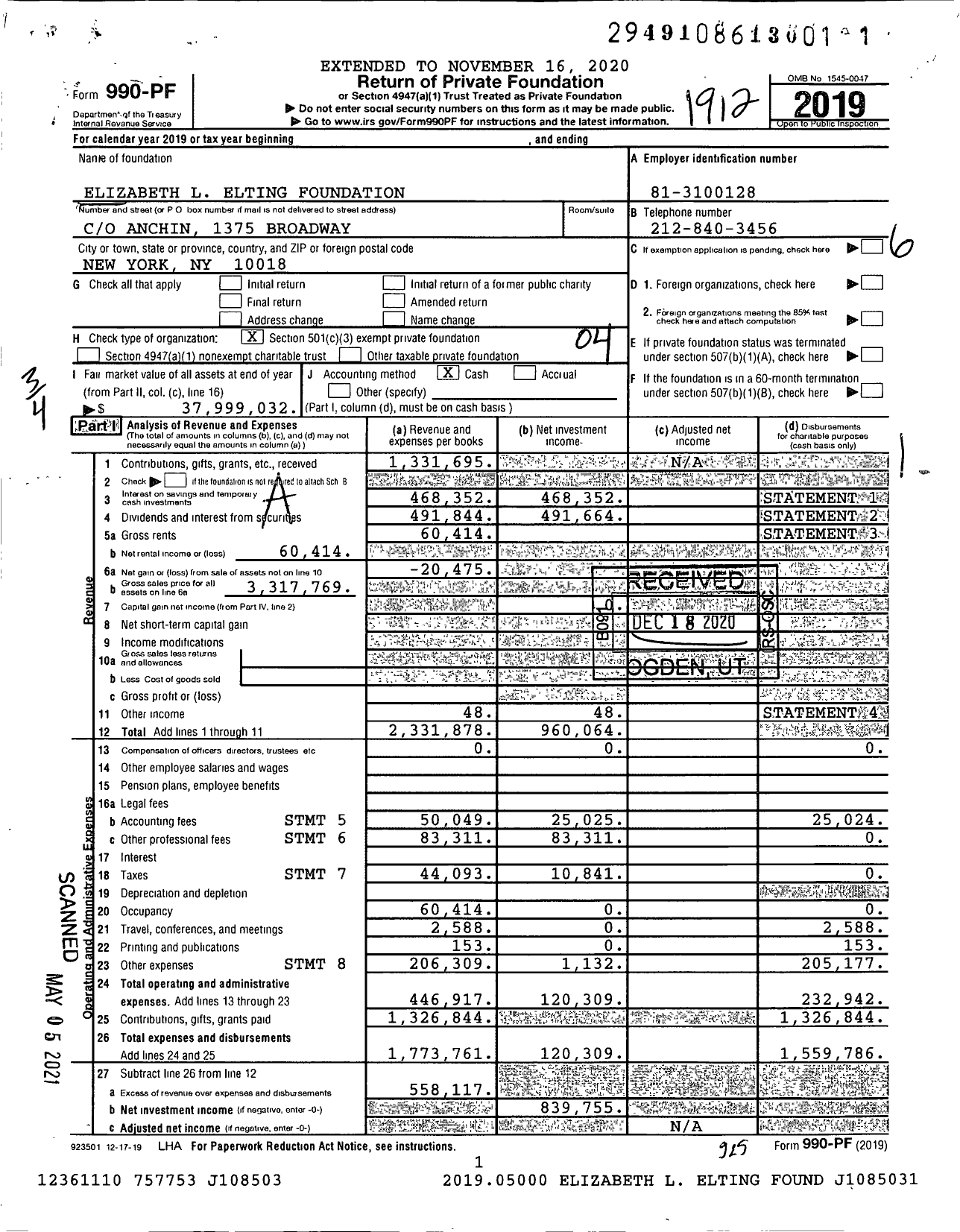 Image of first page of 2019 Form 990PF for Elizabeth L Elting Foundation