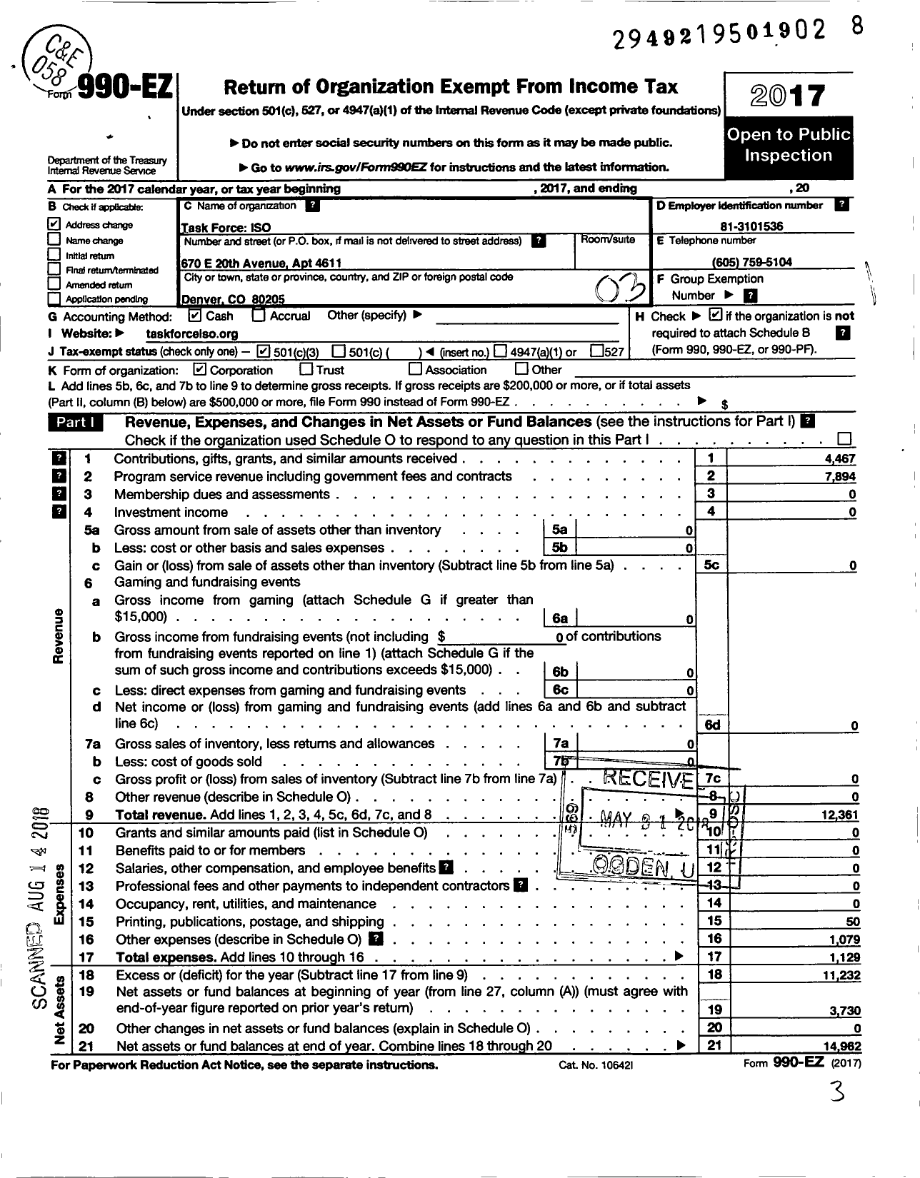 Image of first page of 2017 Form 990EZ for Task Force Iso