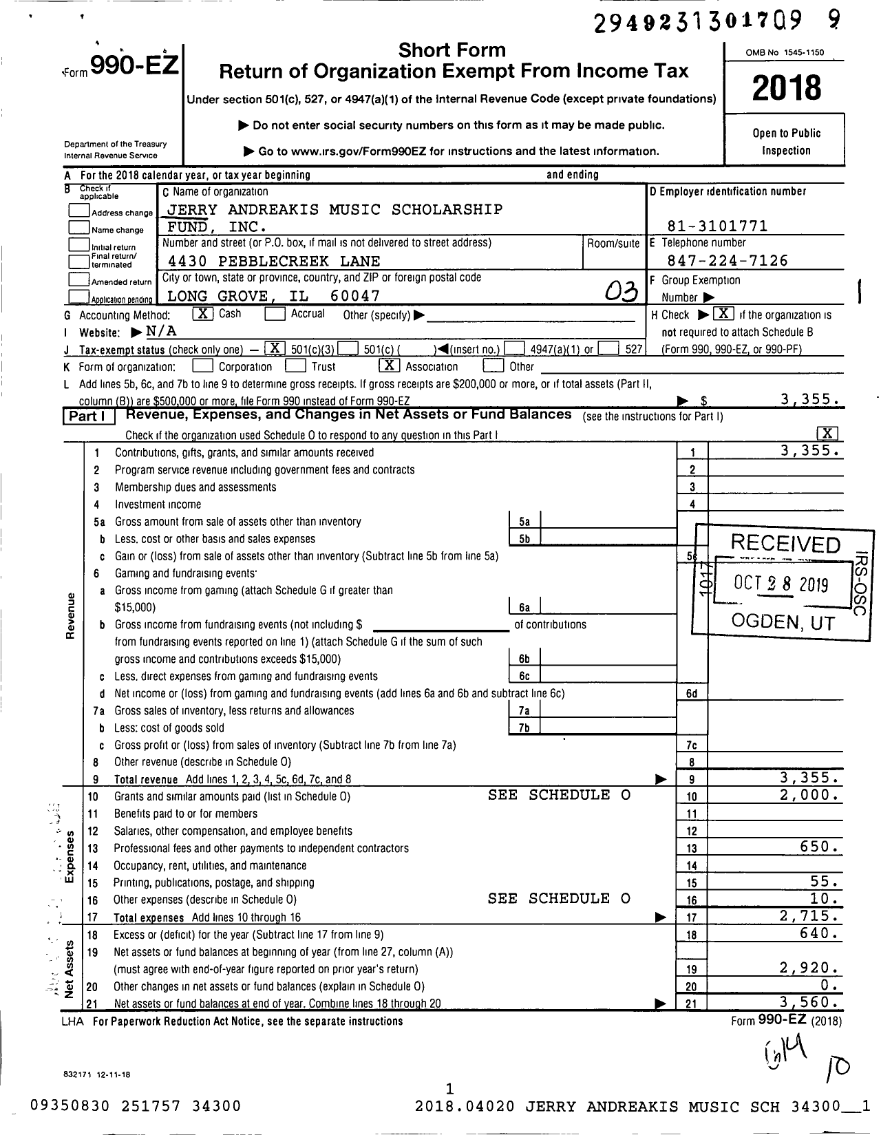 Image of first page of 2018 Form 990EZ for Jerry Andreakis Music Scholarship Fund