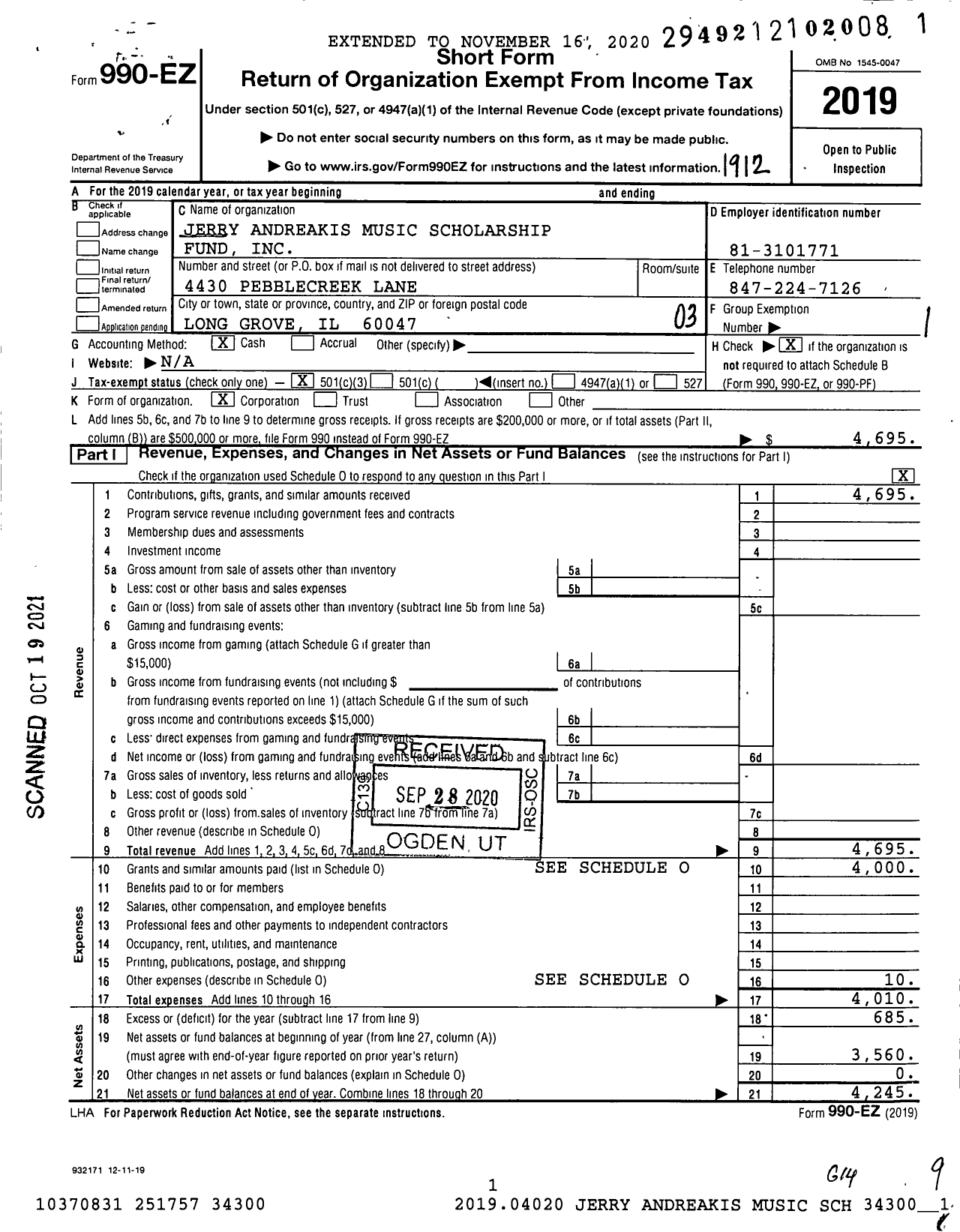 Image of first page of 2019 Form 990EZ for Jerry Andreakis Music Scholarship Fund