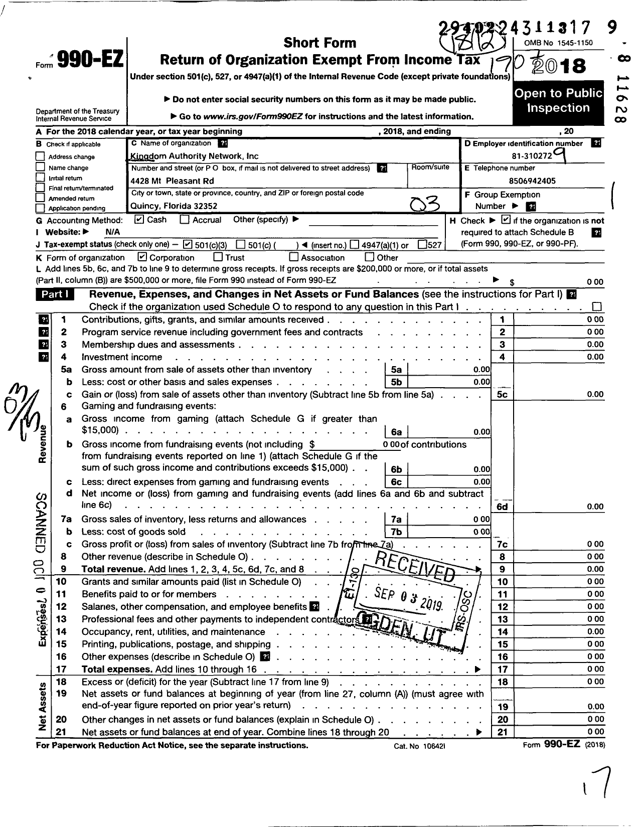 Image of first page of 2018 Form 990EZ for Kingdom Authority Network