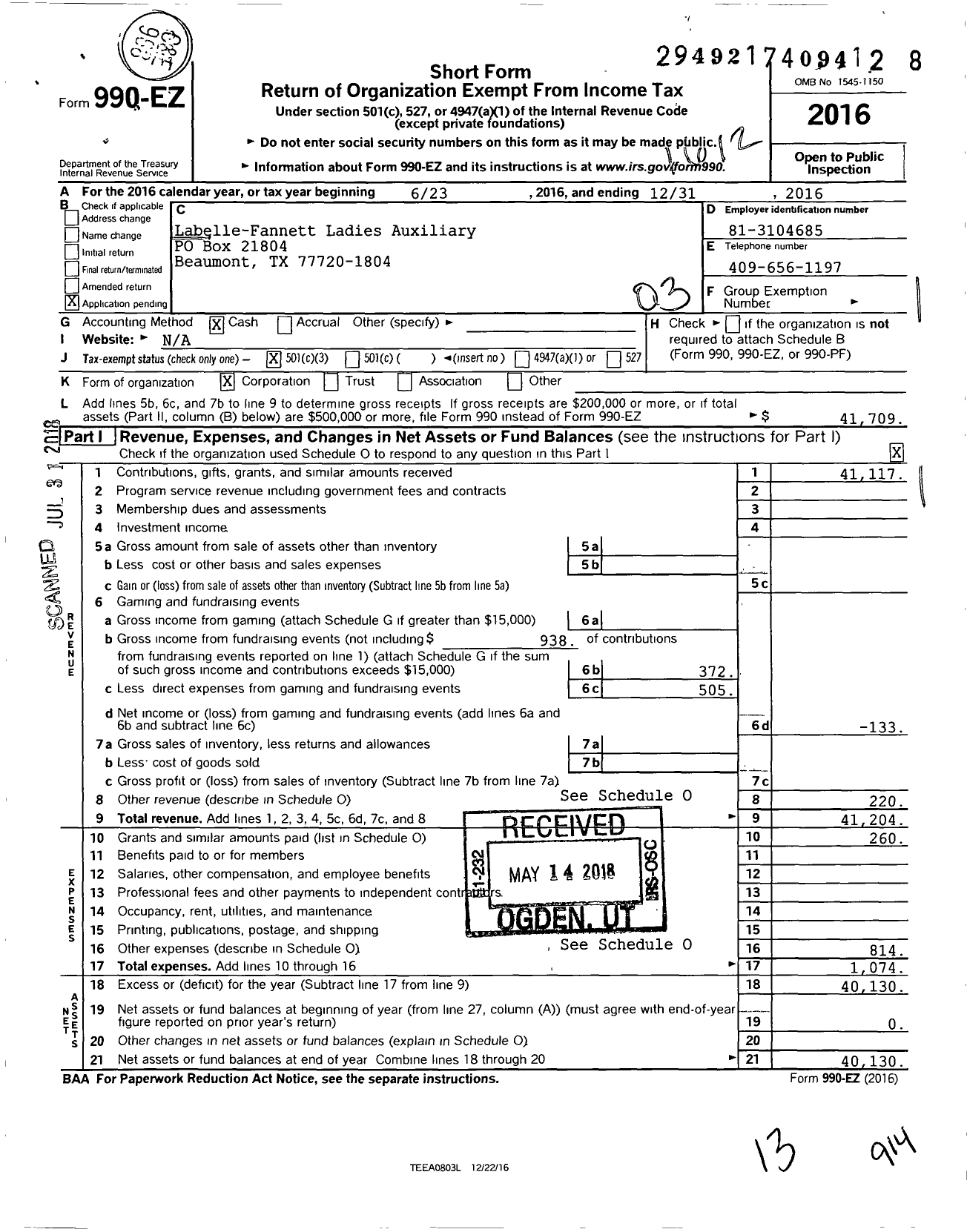 Image of first page of 2016 Form 990EZ for Labelle-Fannett Ladies Auxiliary