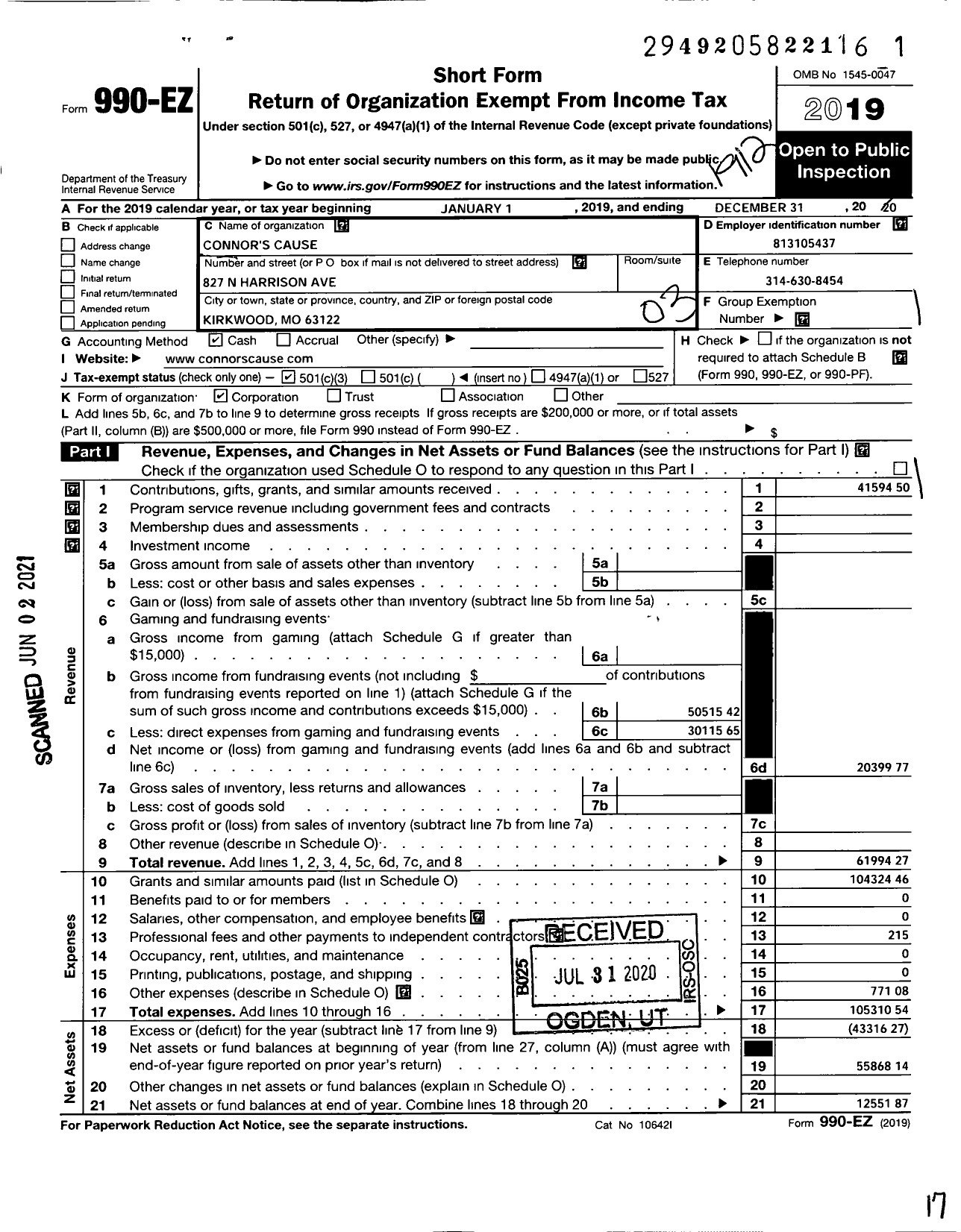 Image of first page of 2019 Form 990EZ for Connors Cause