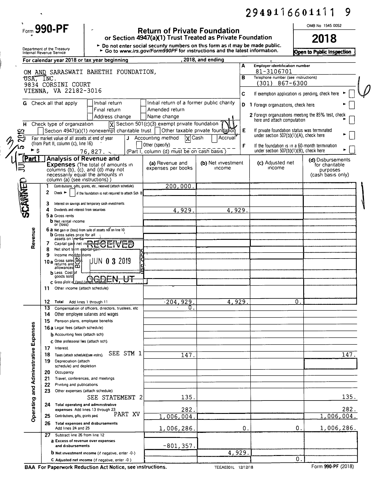 Image of first page of 2018 Form 990PF for Om and Saraswati Bahethi Foundation USA