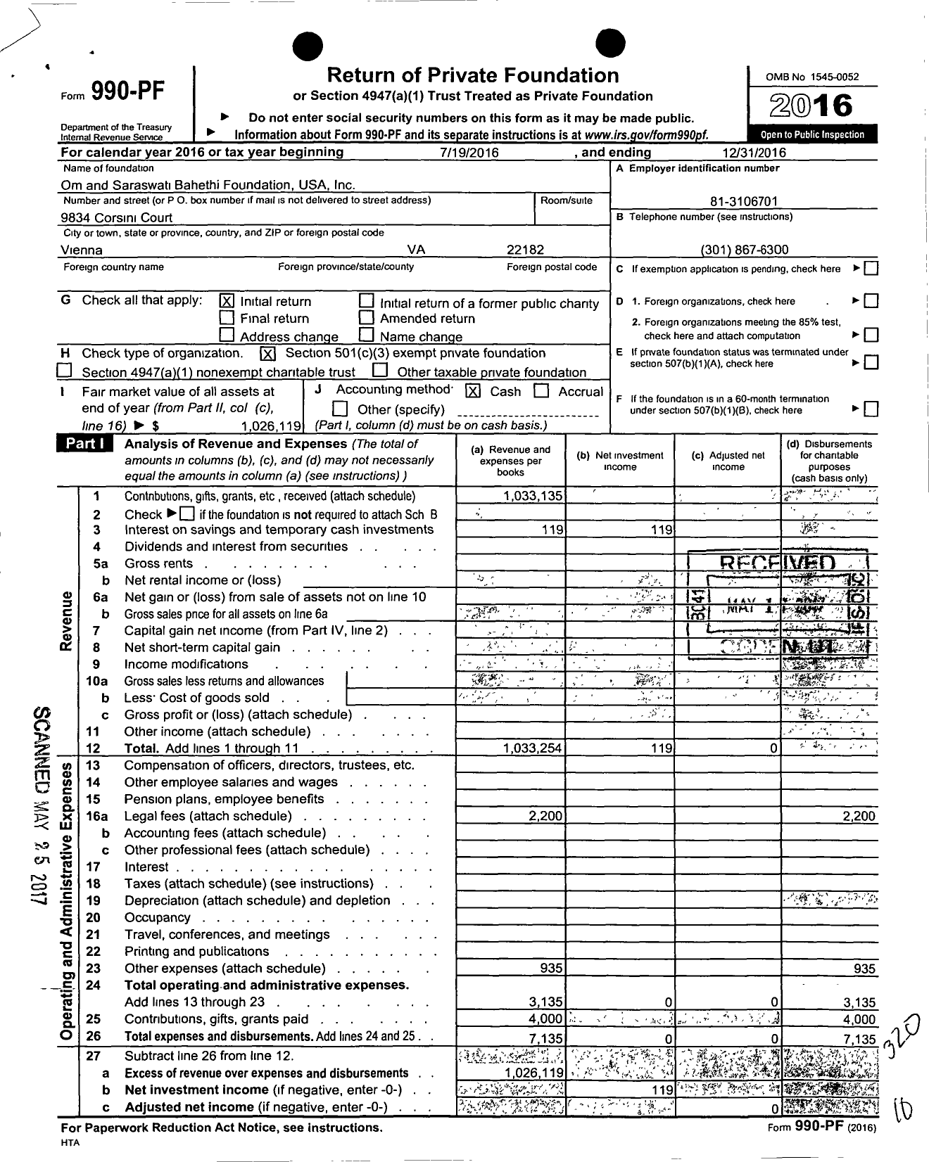 Image of first page of 2016 Form 990PF for Om and Saraswati Bahethi Foundation USA