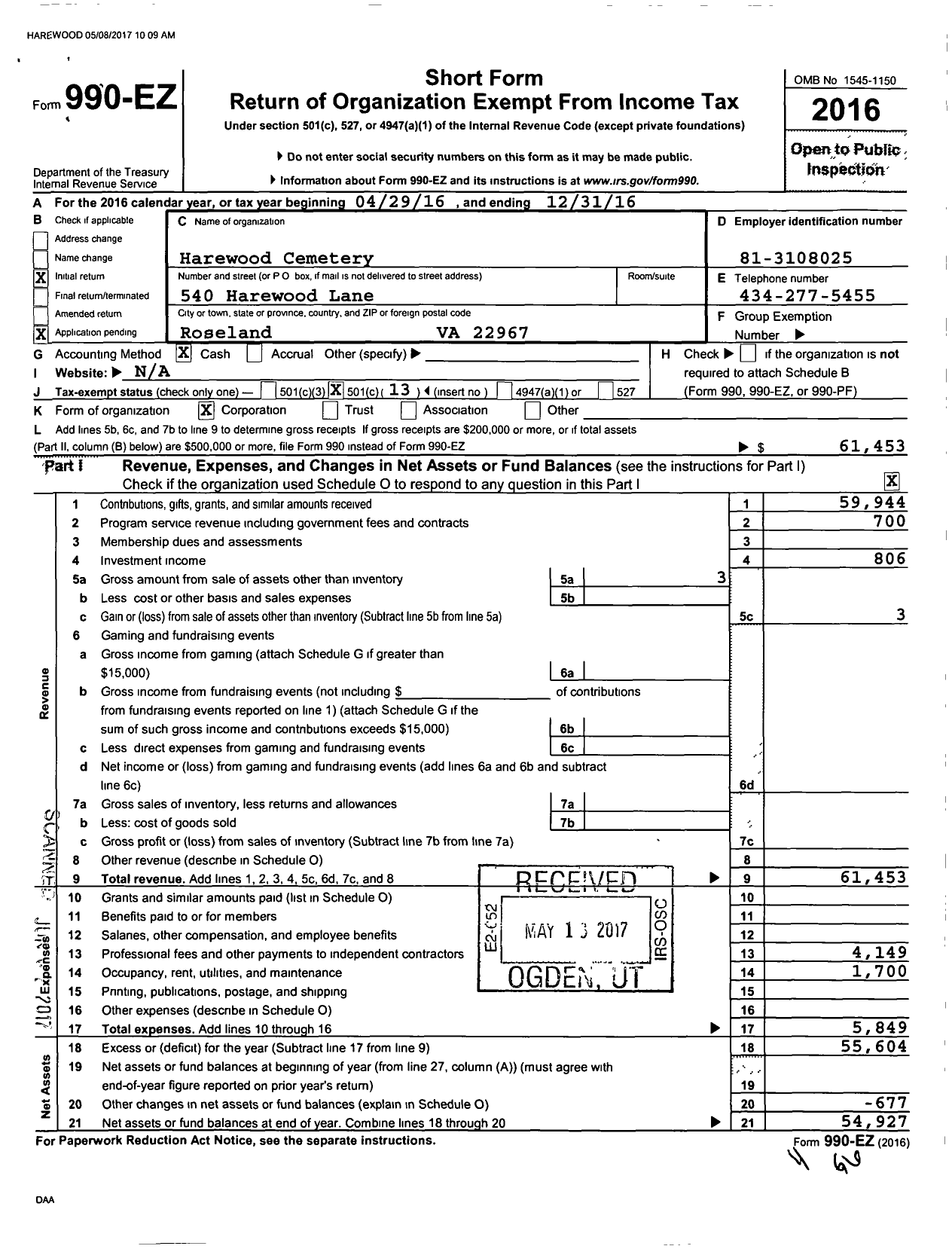 Image of first page of 2016 Form 990EO for Harewood Cemetery