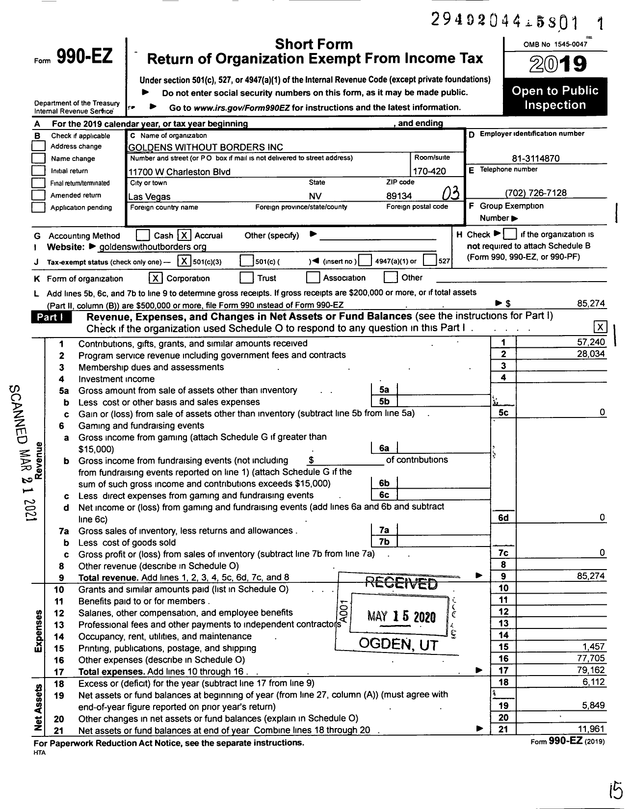 Image of first page of 2019 Form 990EZ for Goldens Without Borders