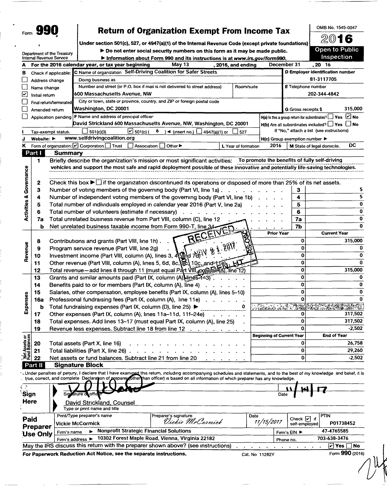 Image of first page of 2016 Form 990O for Autonomous Vehicle Industry Association