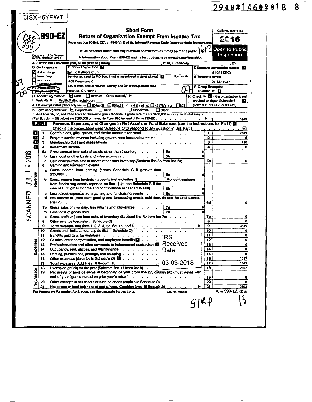 Image of first page of 2016 Form 990EO for Pacific Malinois Club