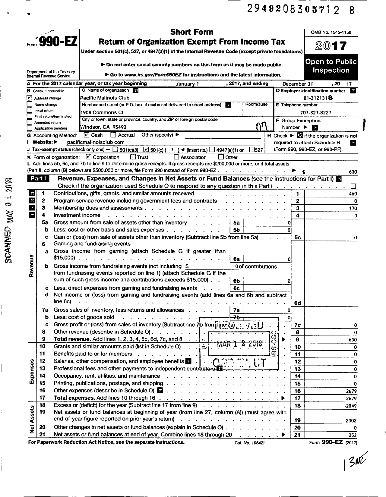 Image of first page of 2017 Form 990EO for Pacific Malinois Club