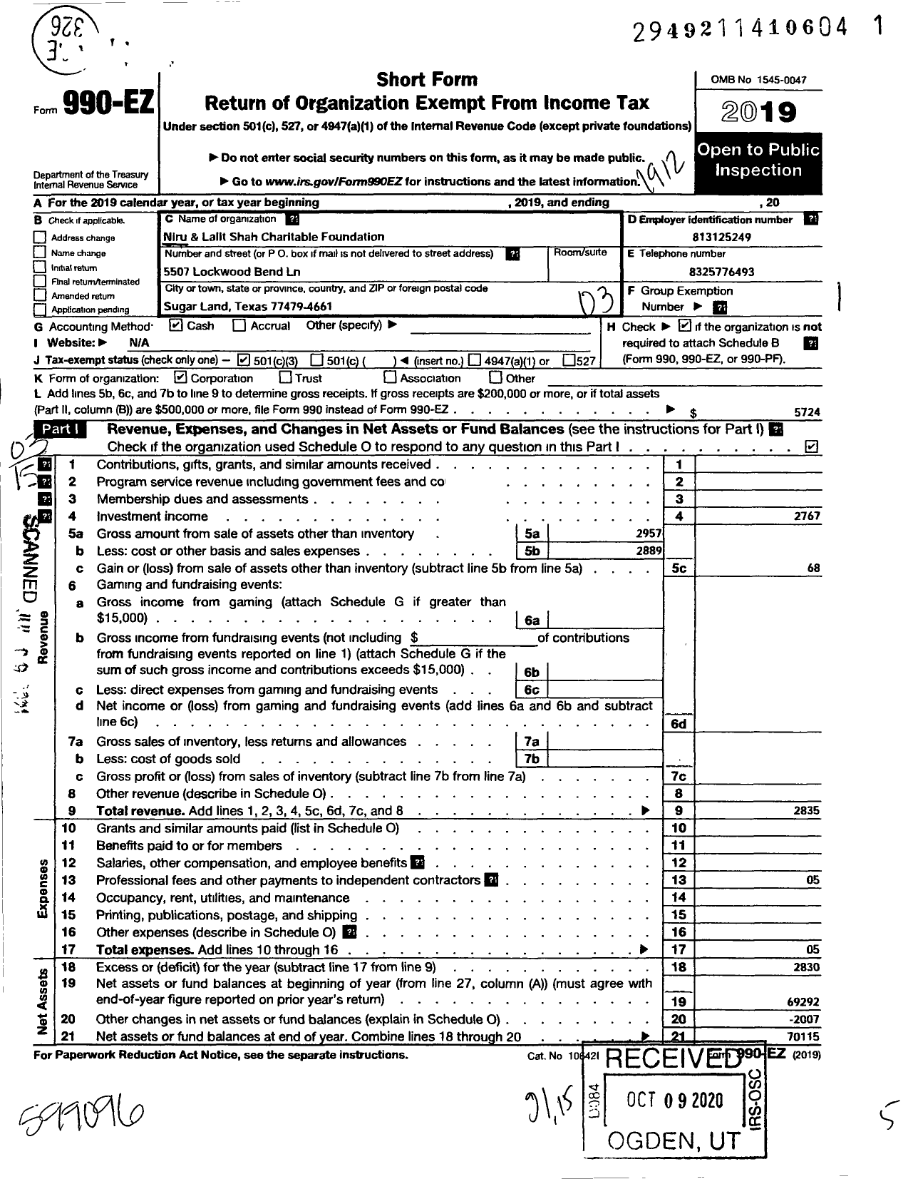 Image of first page of 2019 Form 990EZ for Niru and Lalit Shah Charitable Foundation