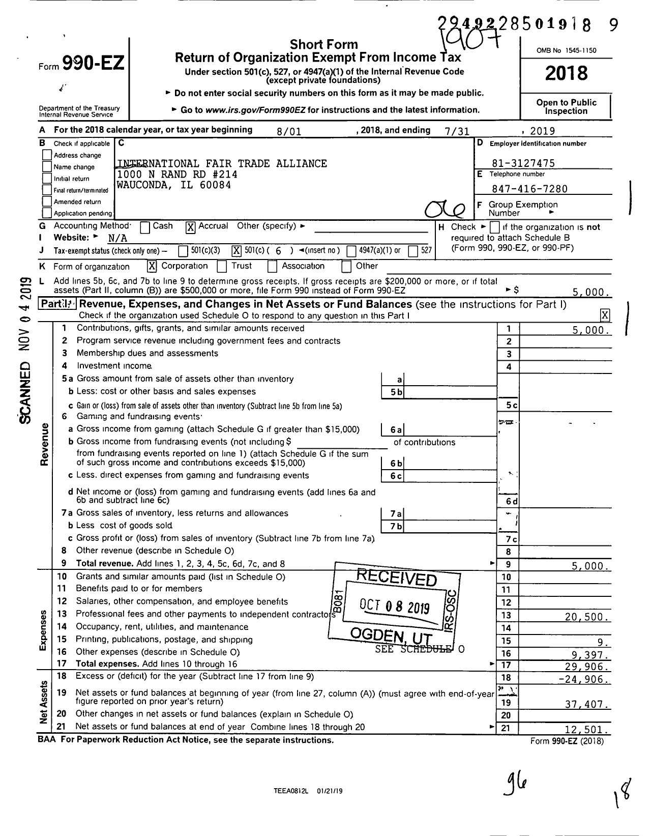 Image of first page of 2018 Form 990EO for International Fair Trade Alliance