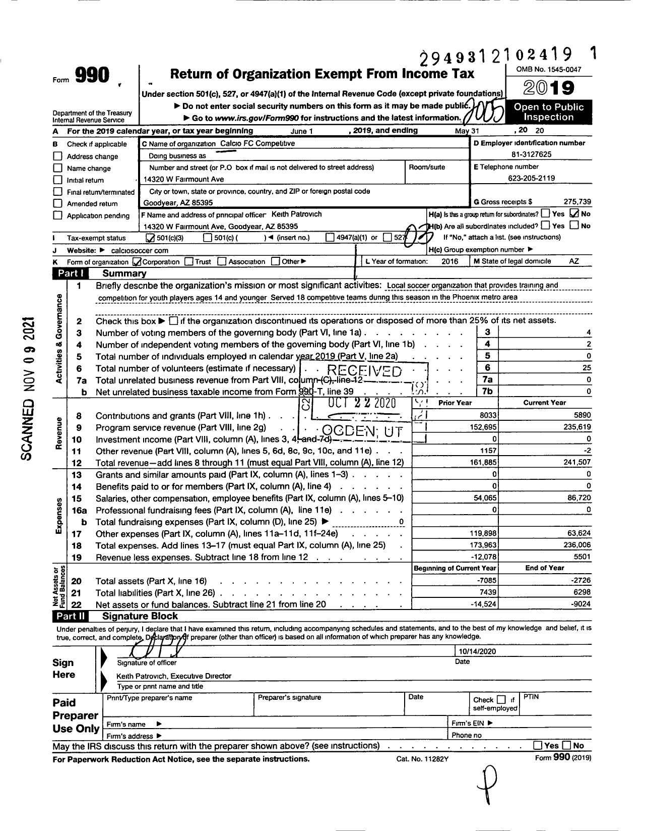 Image of first page of 2019 Form 990 for Calcio FC Competitive