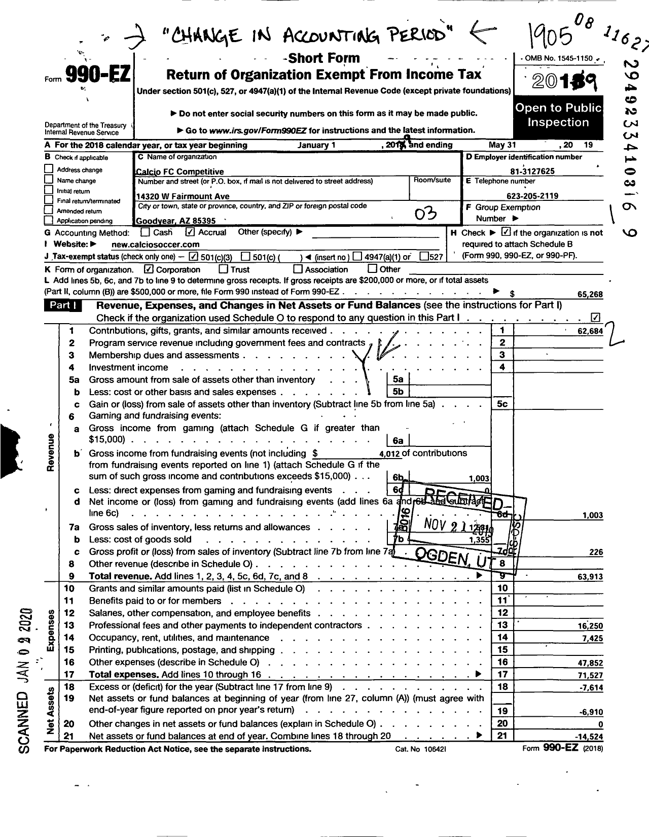 Image of first page of 2018 Form 990EZ for Calcio FC Competitive