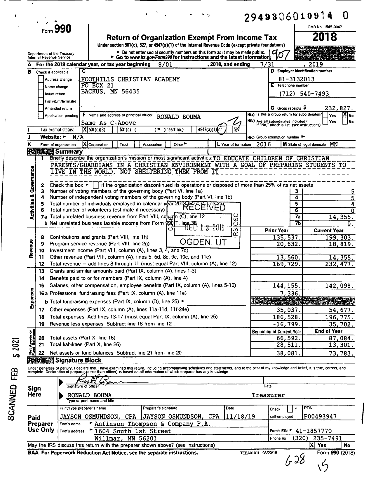 Image of first page of 2018 Form 990 for Foothills Christian Academy