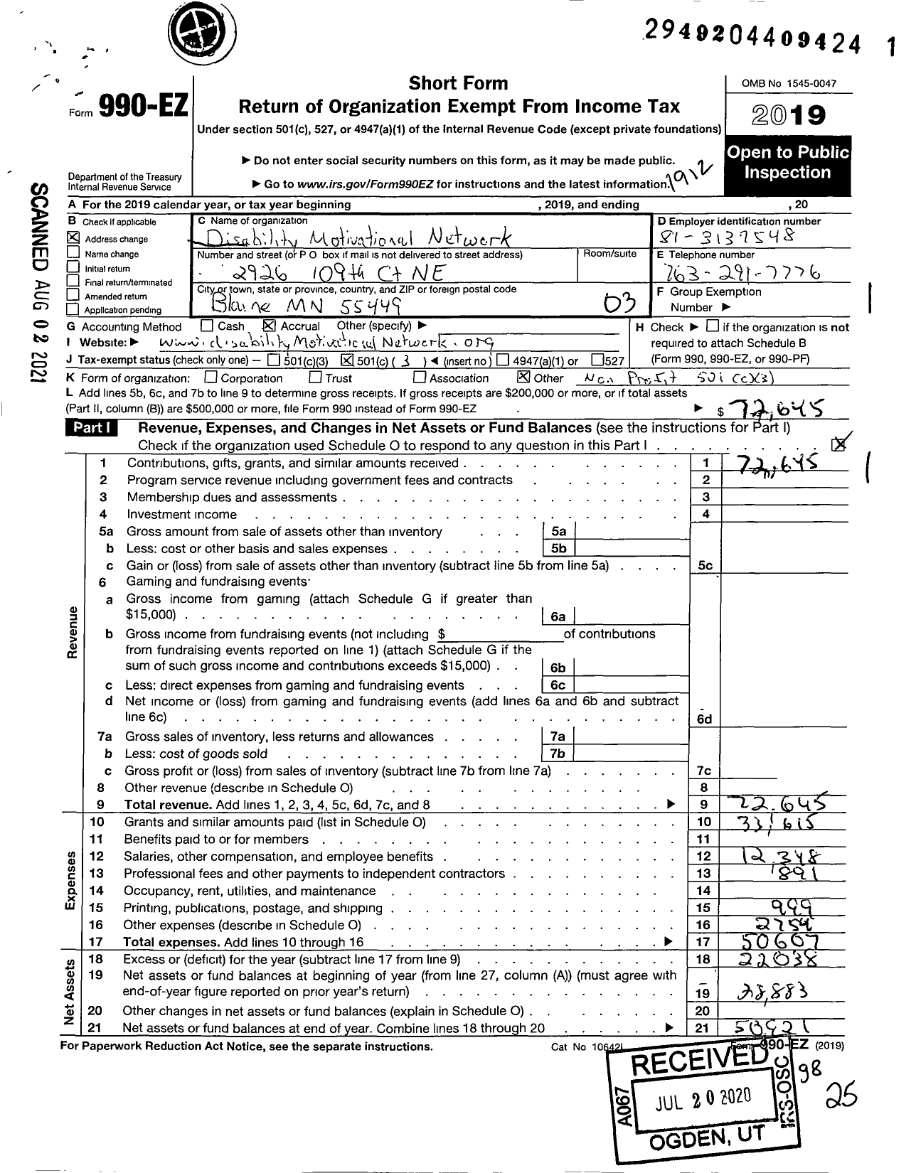 Image of first page of 2019 Form 990EZ for Disability Motivational Network