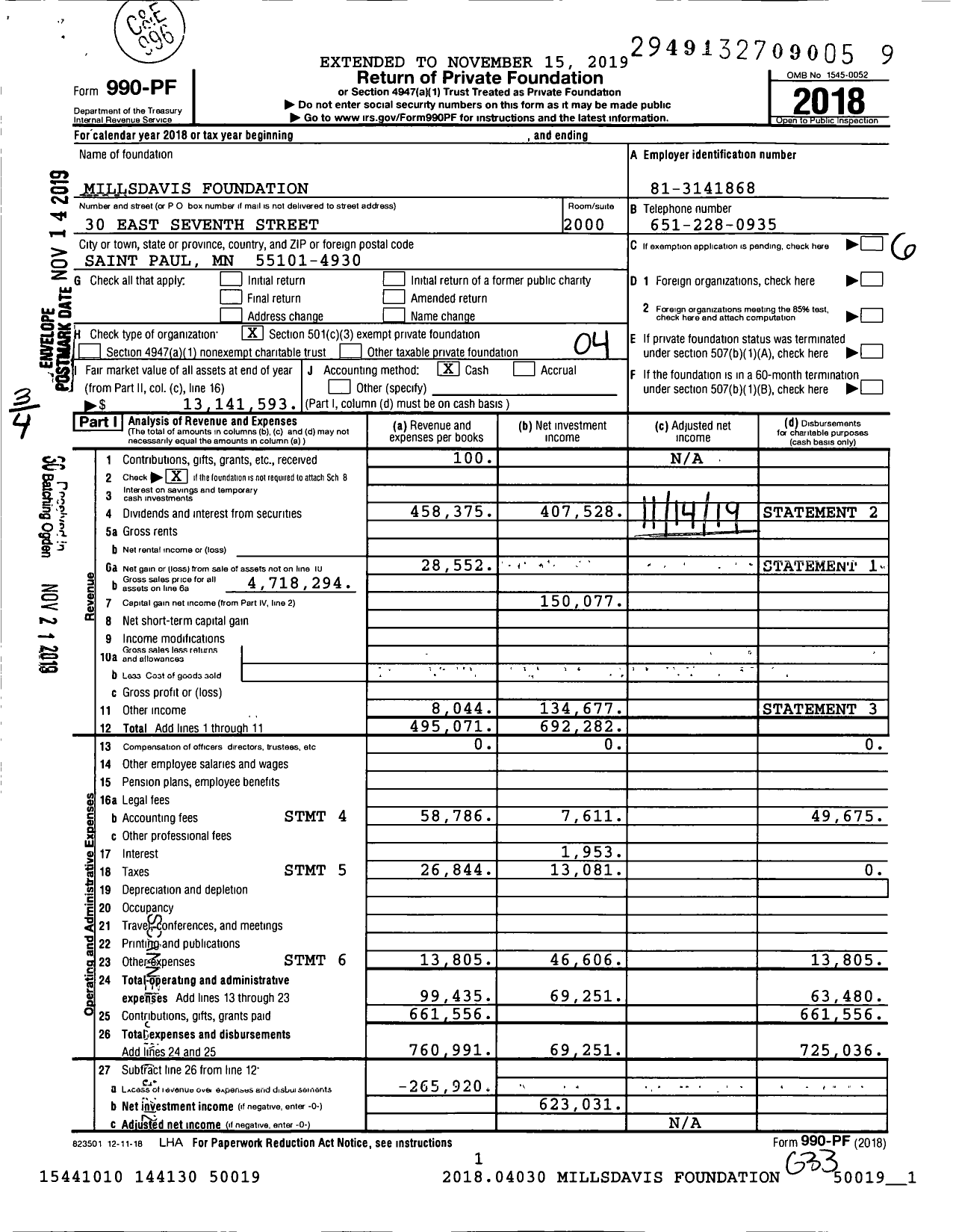 Image of first page of 2018 Form 990PF for Millsdavis Foundation