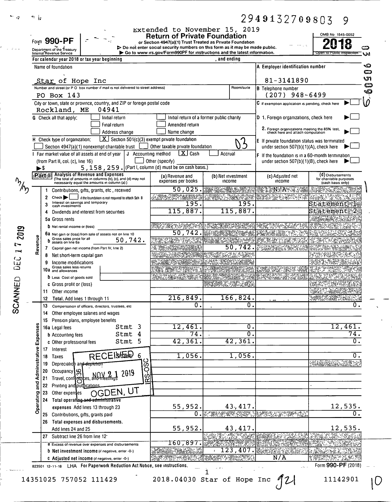 Image of first page of 2018 Form 990PF for Star of Hope