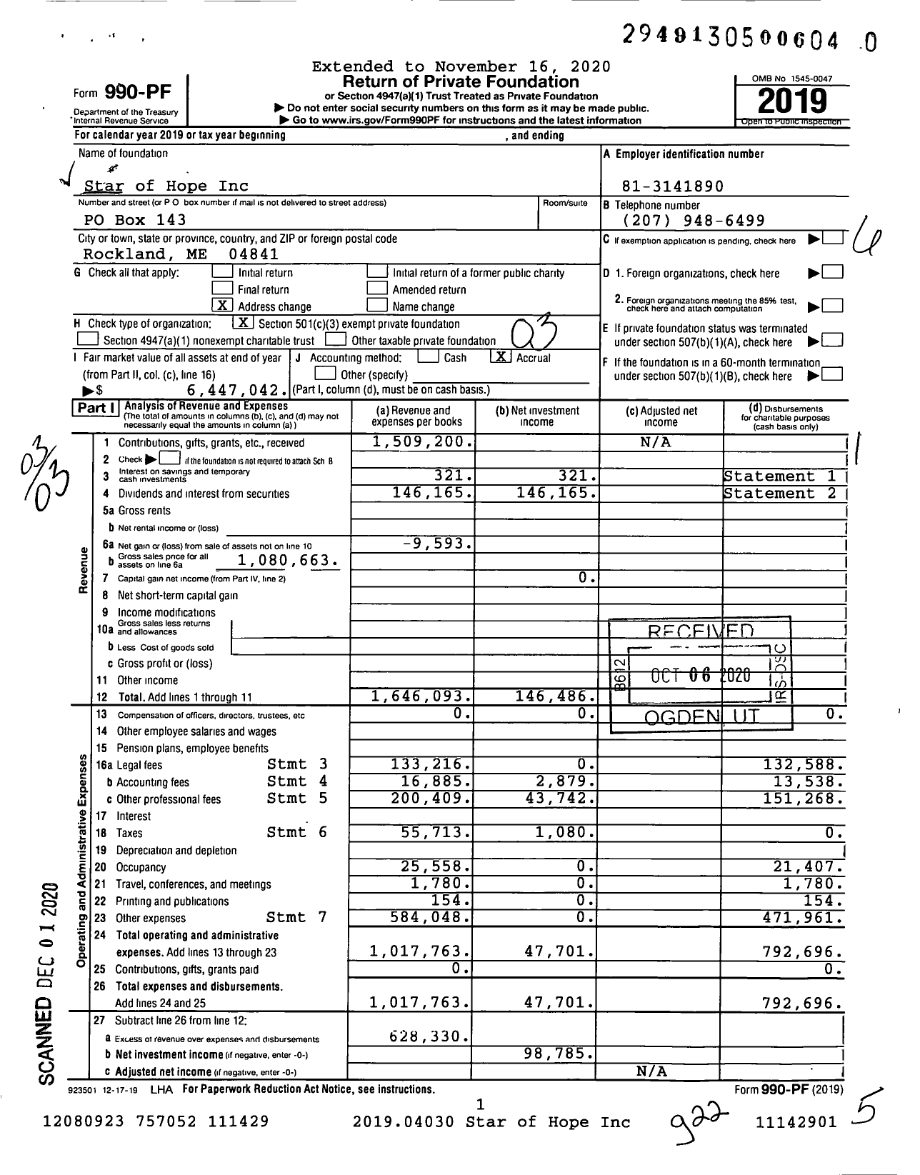 Image of first page of 2019 Form 990PF for Star of Hope