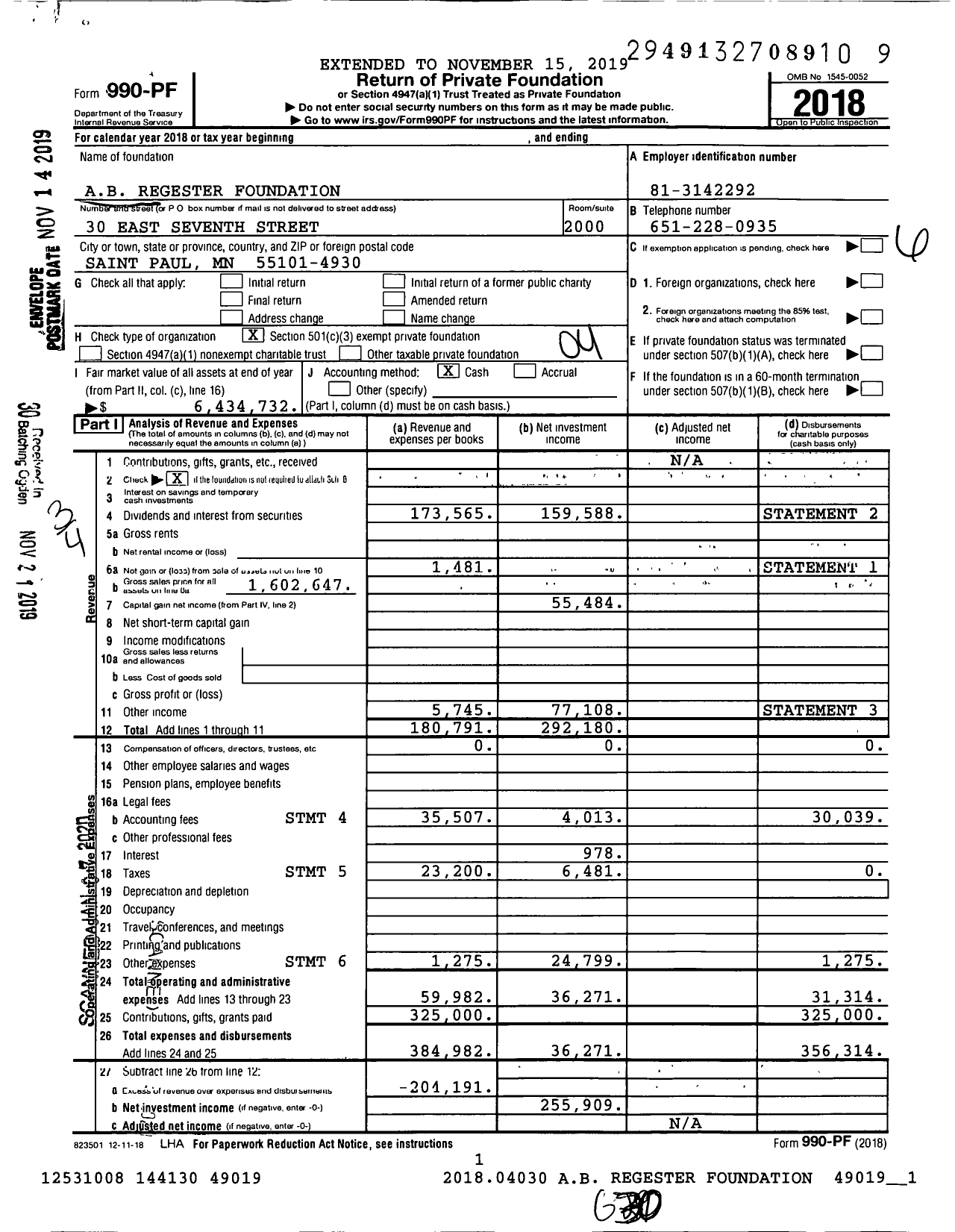 Image of first page of 2018 Form 990PF for Ab Regester Foundation
